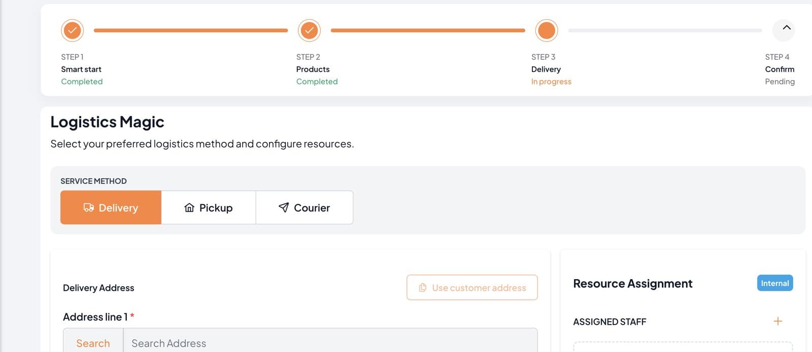 Renttix Logistics Magic delivery step with Delivery, Pickup and Courier methods, delivery address and resource assignment