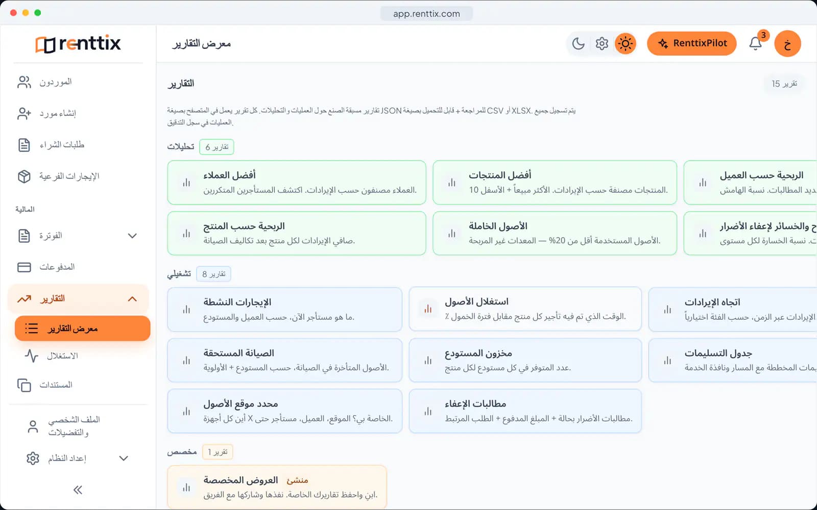 عرض تقرير توضيحي: شاشة حقيقية من Renttix ببيانات تجريبية