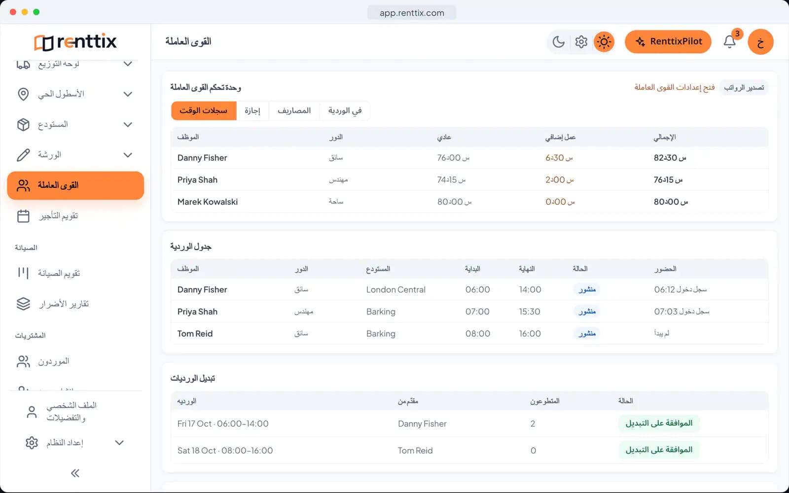 عرض توضيحي لقوة العمل: شاشة حقيقية من Renttix ببيانات تجريبية