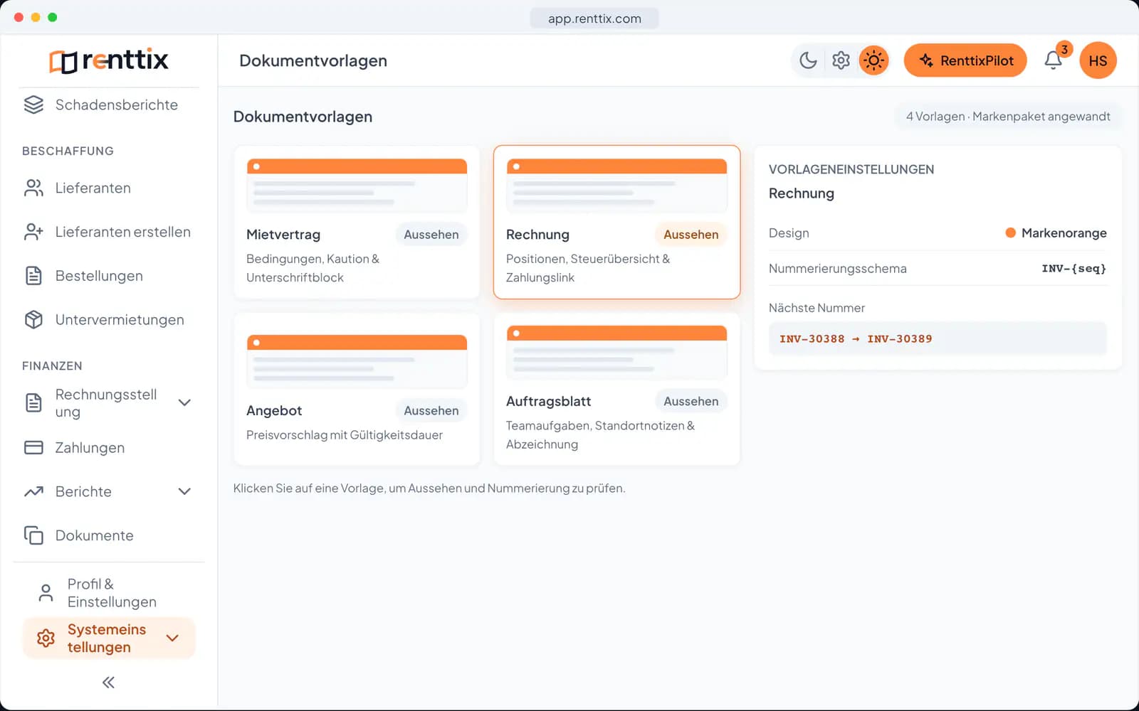 Dokumente & E-Signatur Demo: ein echter Renttix-Bildschirm mit Beispieldaten
