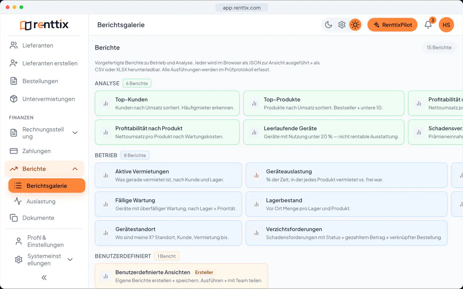 Reporting-Demo: ein echter Renttix-Bildschirm mit Beispieldaten
