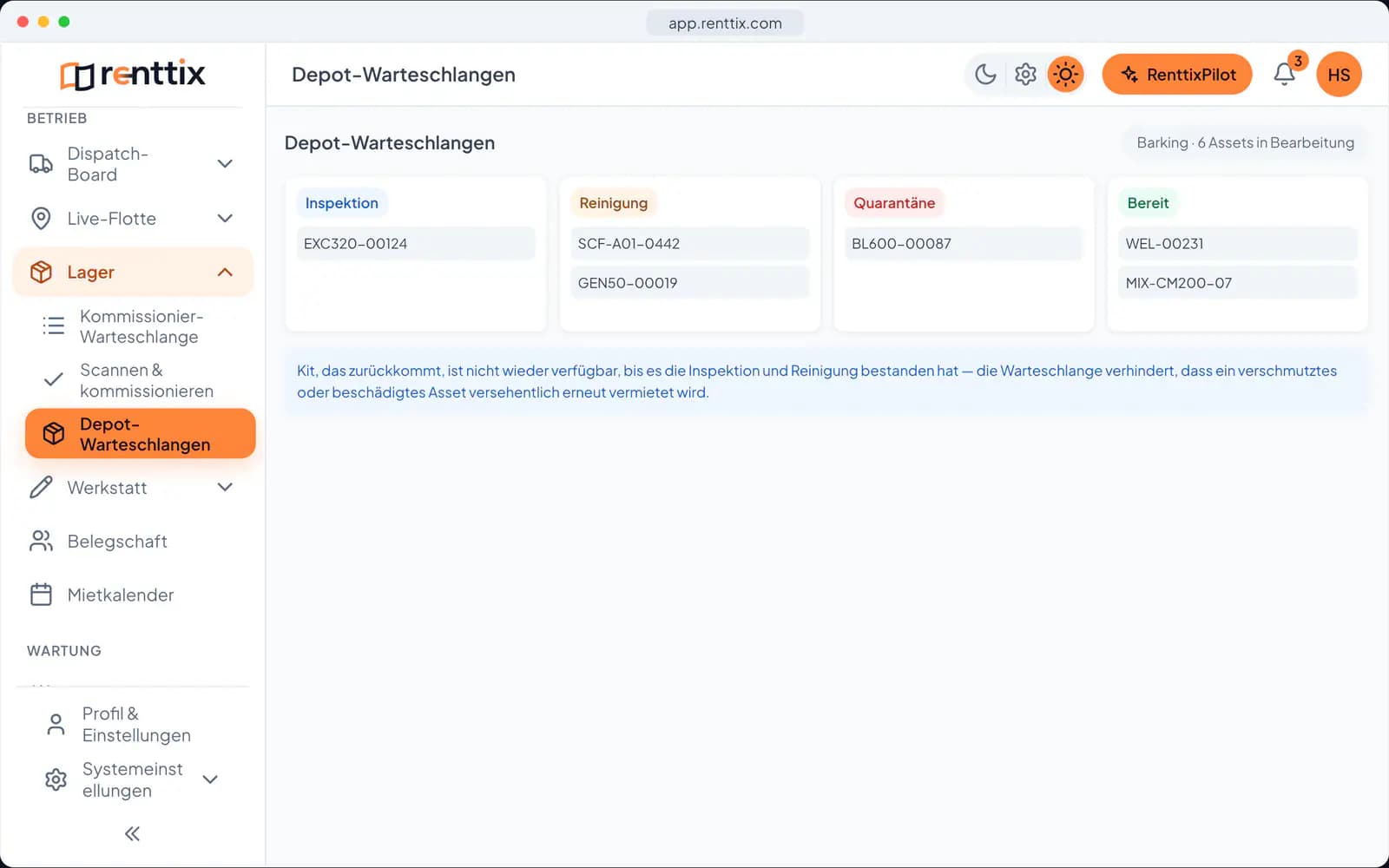Lager-Demo: ein echter Renttix-Bildschirm mit Beispieldaten