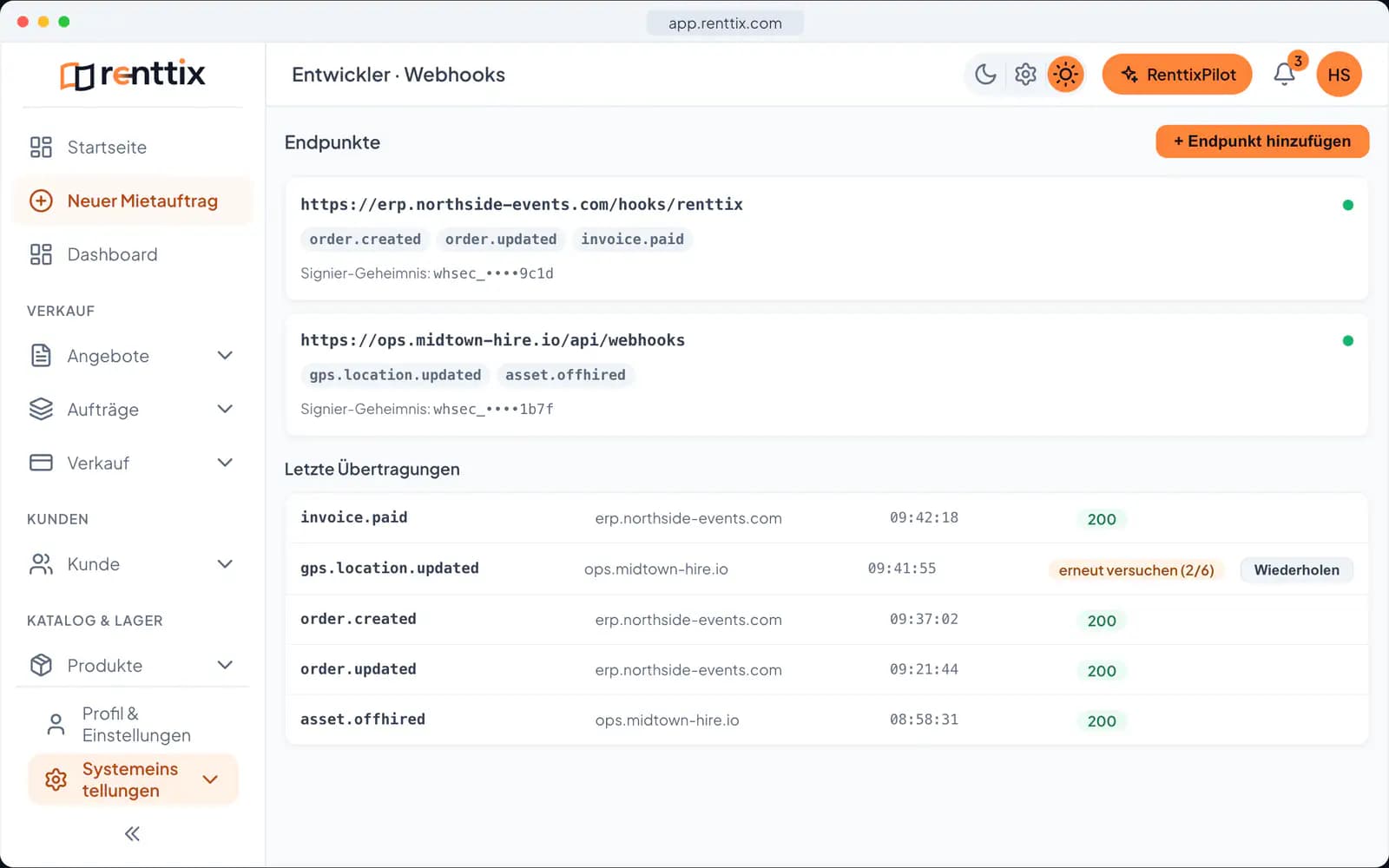 Entwicklerplattform-Demo: ein echter Renttix-Bildschirm mit Beispieldaten