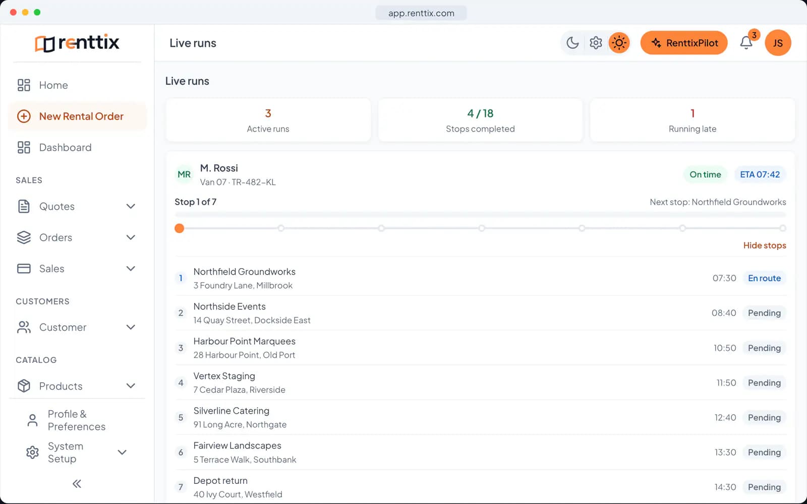 Field Service Demo: a real Renttix screen, shown with sample data