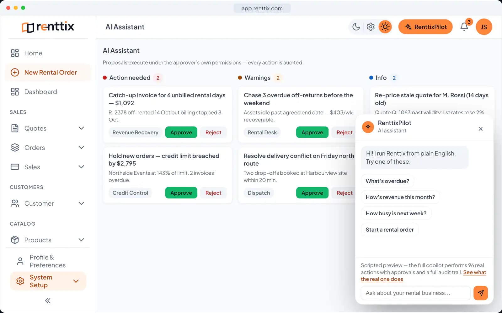 AI Operations Demo: a real Renttix screen, shown with sample data