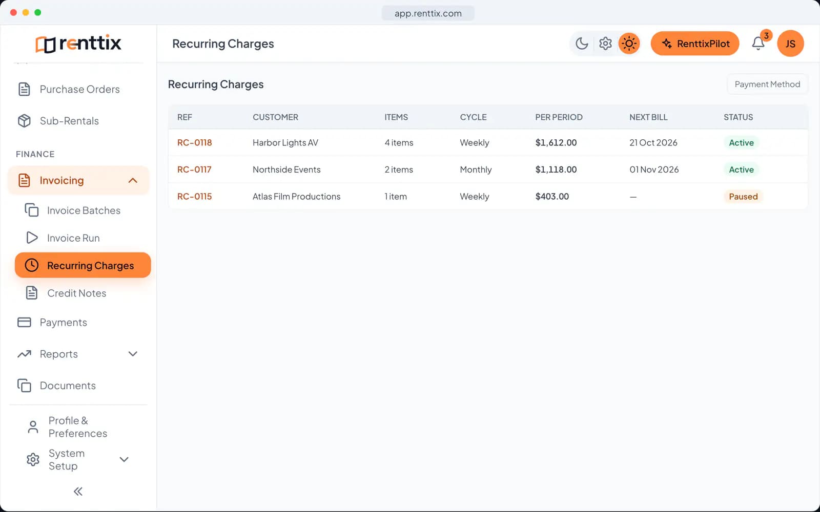 Recurring Charges Demo: a real Renttix screen, shown with sample data