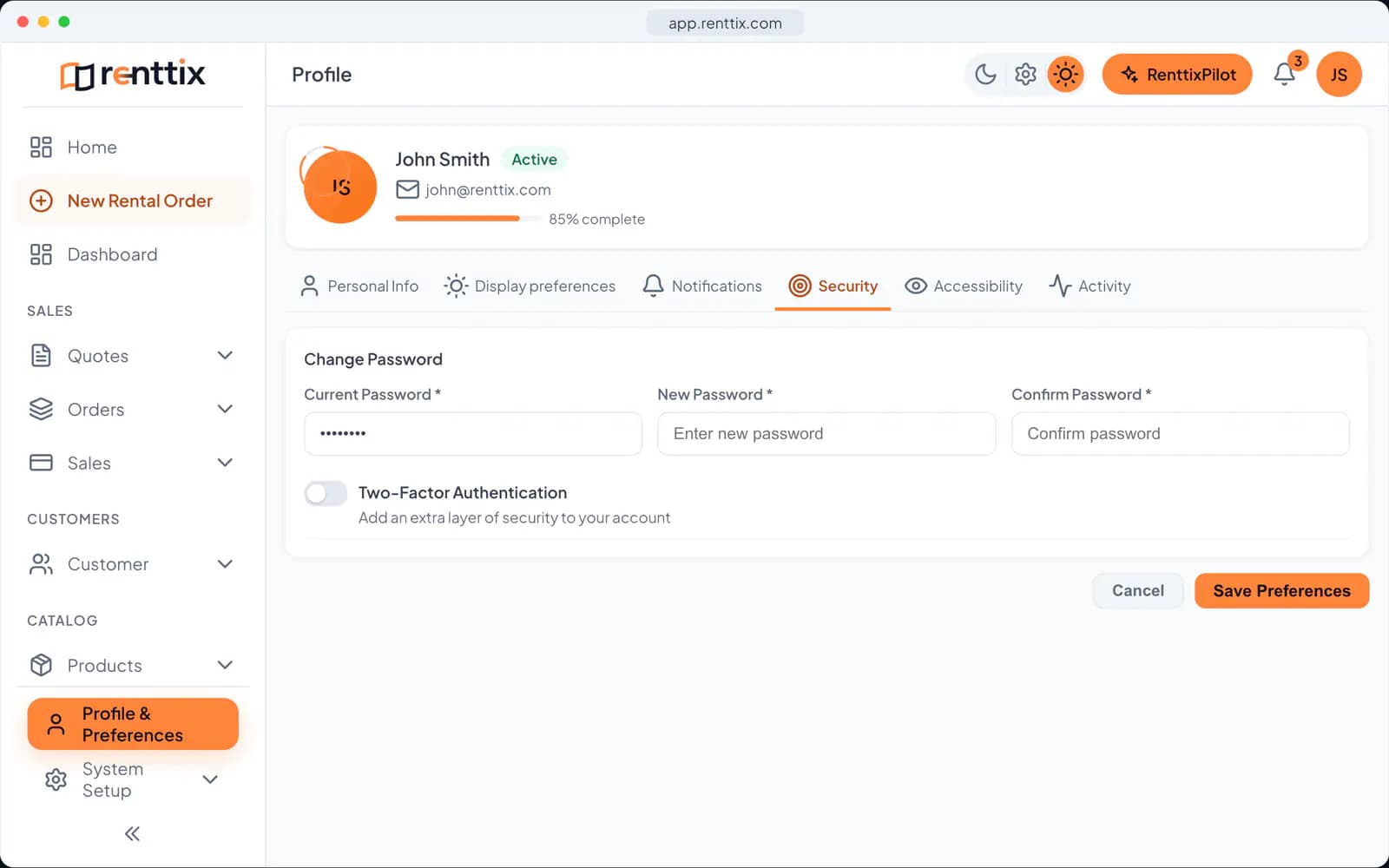 Account security: a real Renttix screen, shown with sample data