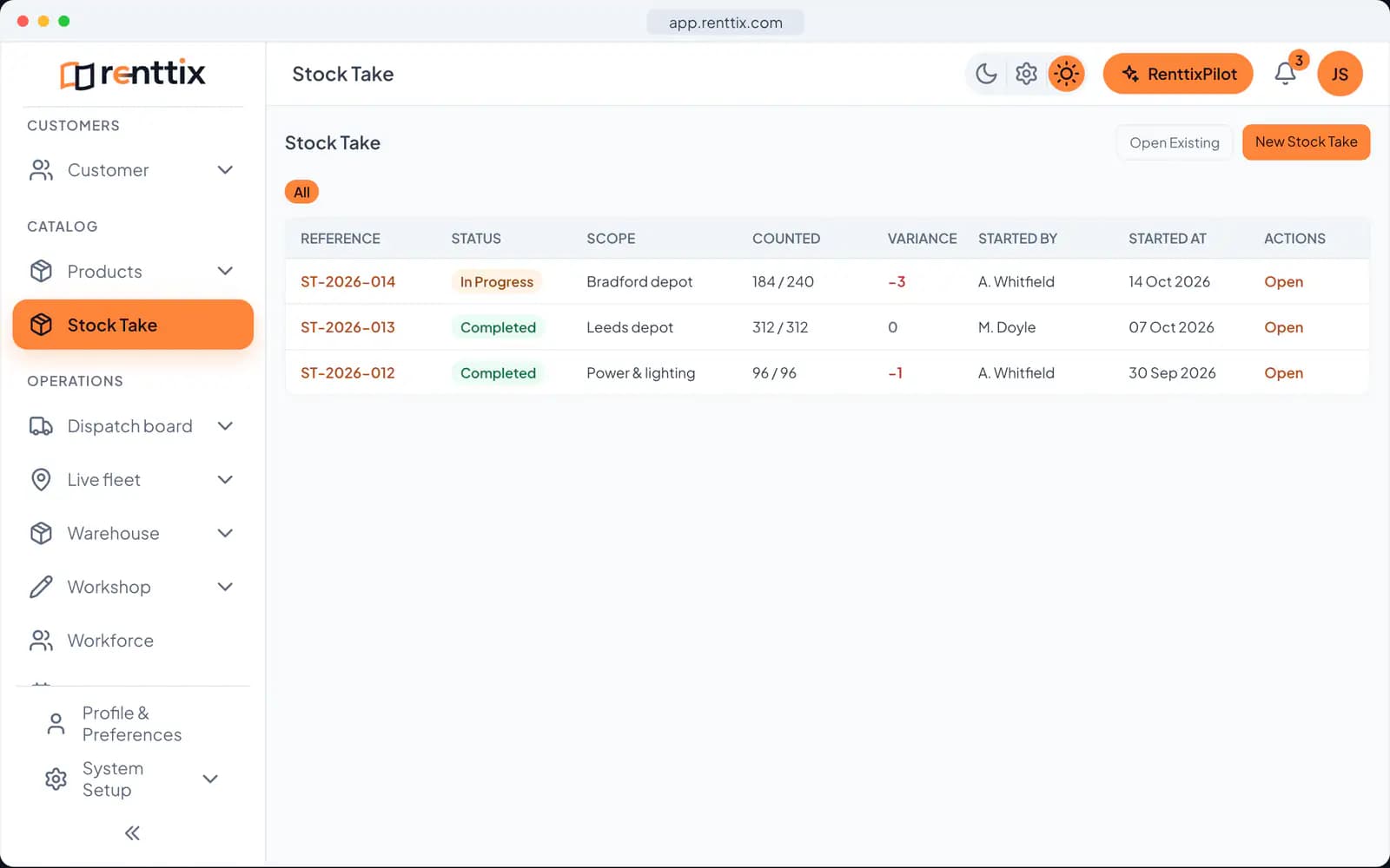 Inventory Count Demo: a real Renttix screen, shown with sample data