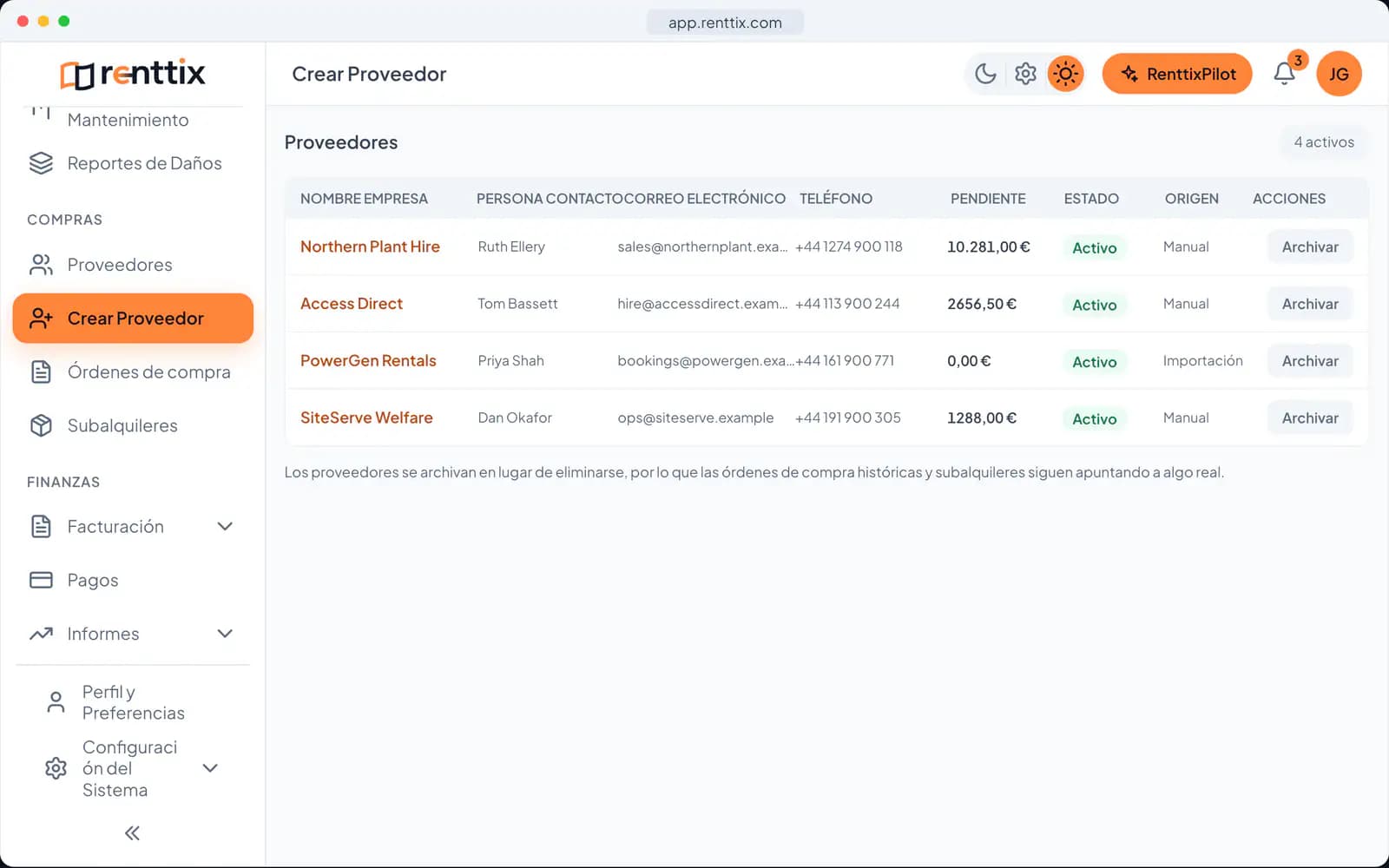 Añadir una demo de proveedor: una pantalla real de Renttix con datos de ejemplo