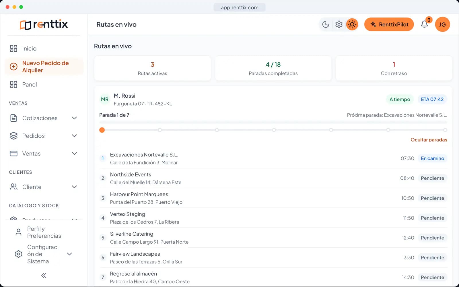 Demostración de servicio en campo: una pantalla real de Renttix con datos de ejemplo