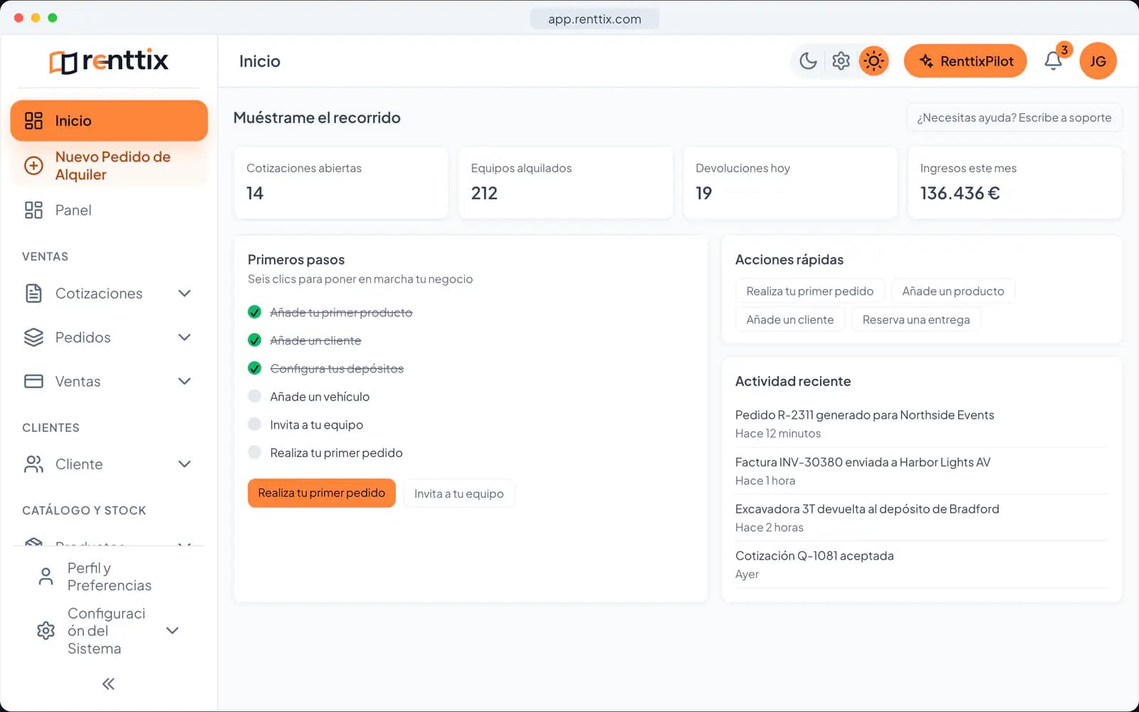 Demostración de la pantalla principal: una pantalla real de Renttix con datos de ejemplo