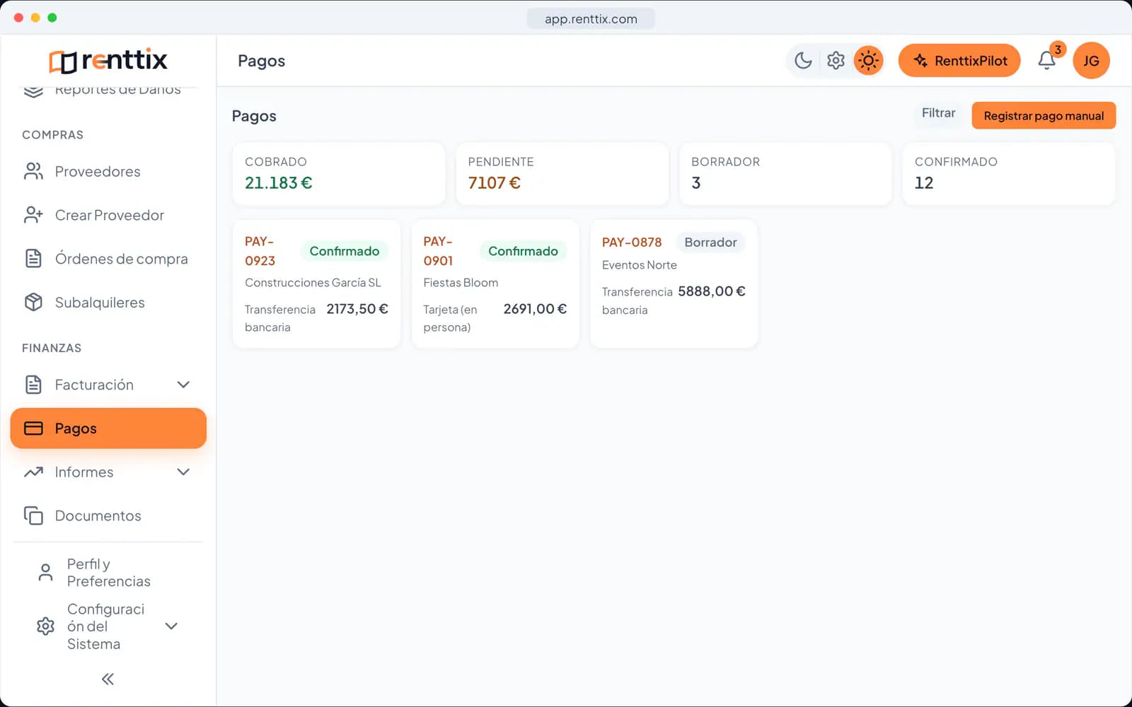 Pagos: una pantalla real de Renttix con datos de ejemplo