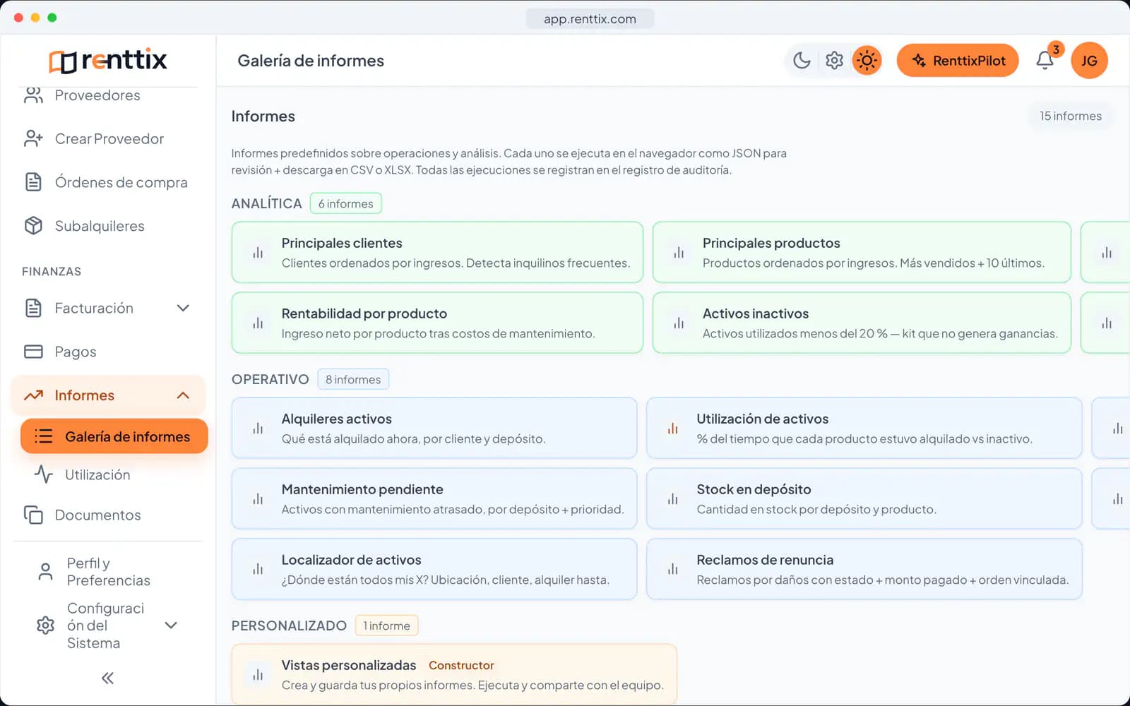 Demostración de informes: una pantalla real de Renttix con datos de ejemplo