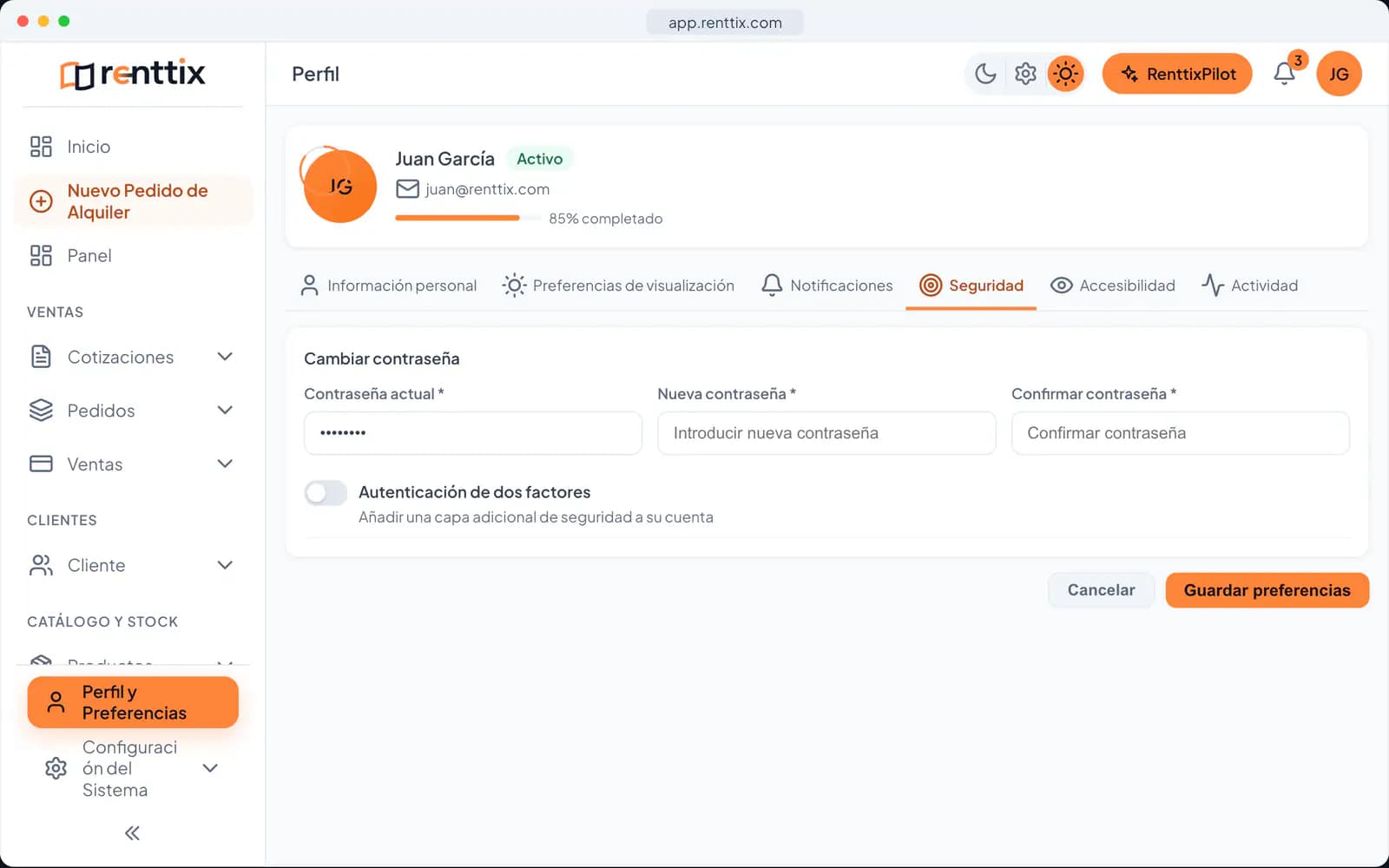 Seguridad de la cuenta: una pantalla real de Renttix con datos de ejemplo