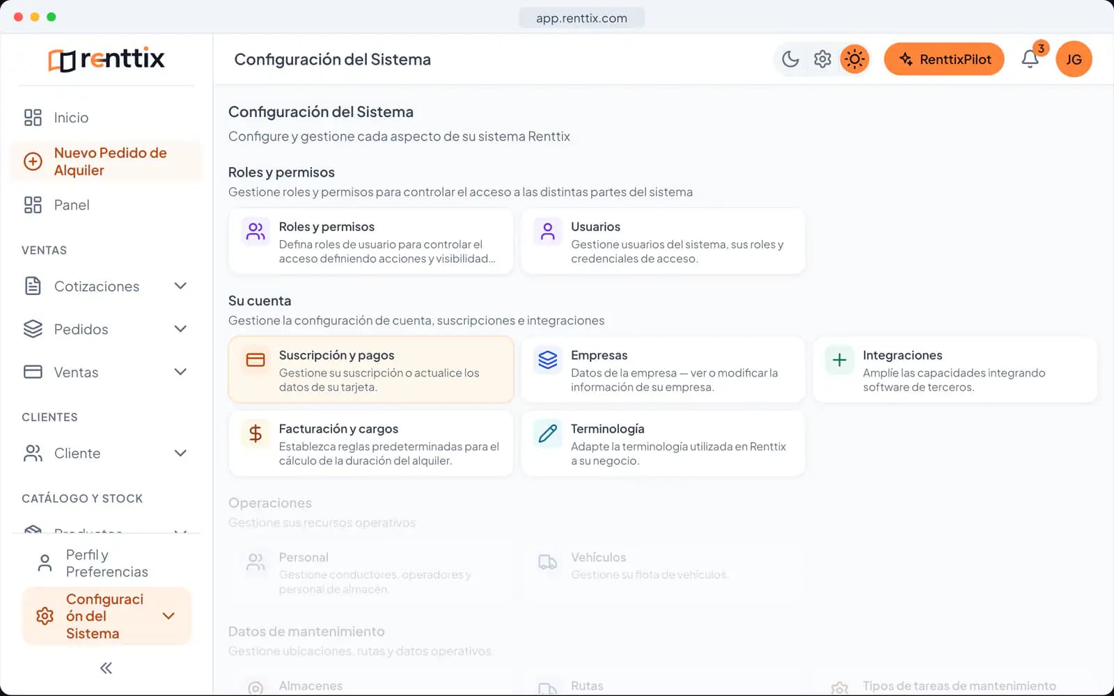 Configuración del sistema: una pantalla real de Renttix con datos de ejemplo