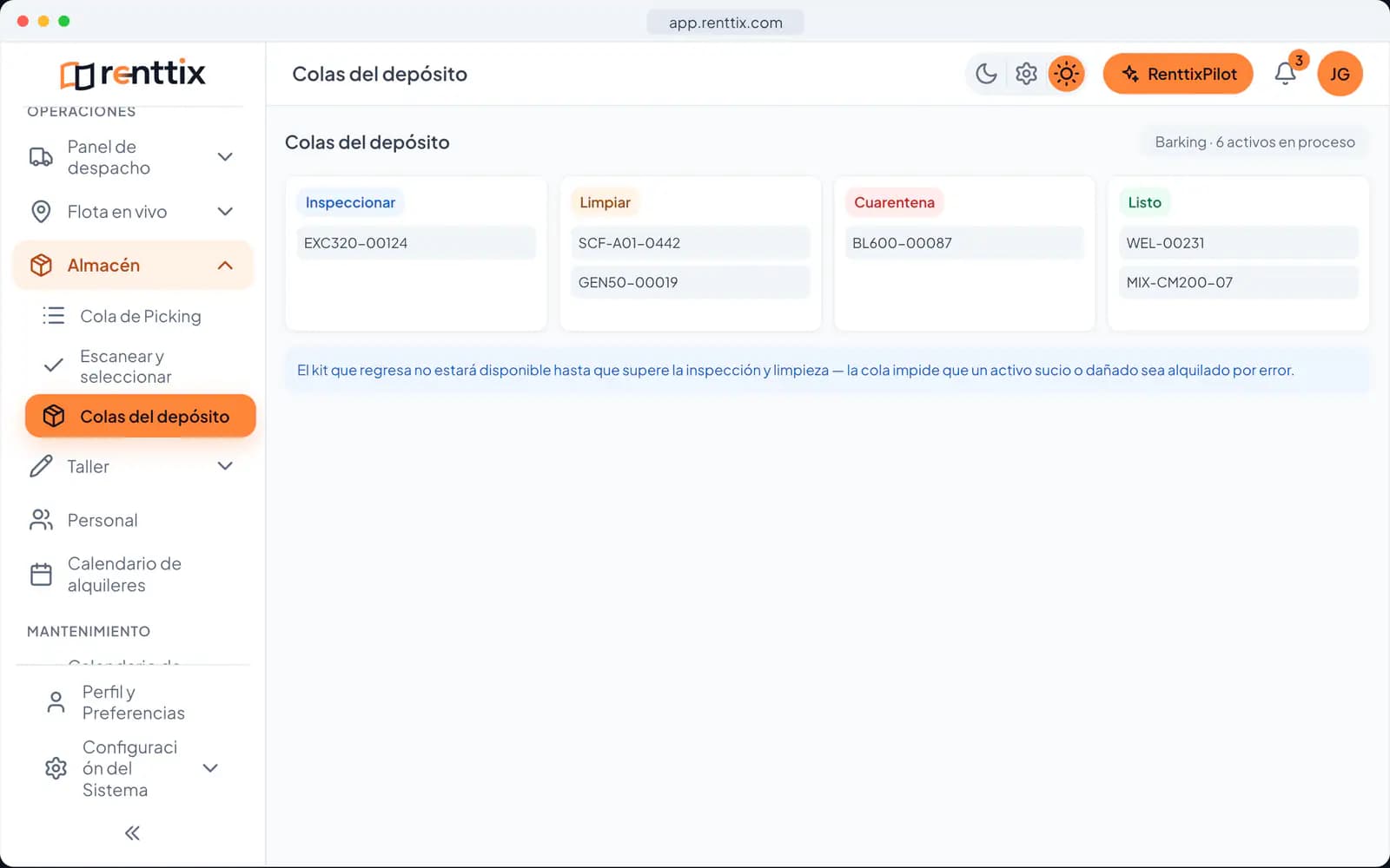 Demostración de almacén: una pantalla real de Renttix con datos de ejemplo