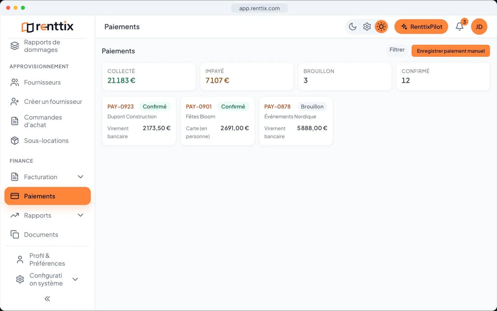 Paiements : un véritable écran Renttix, avec des données d’exemple