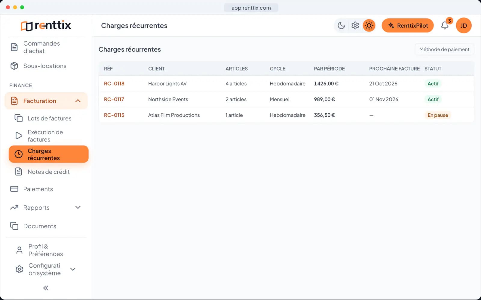 Démo des charges récurrentes : un véritable écran Renttix, avec des données d’exemple