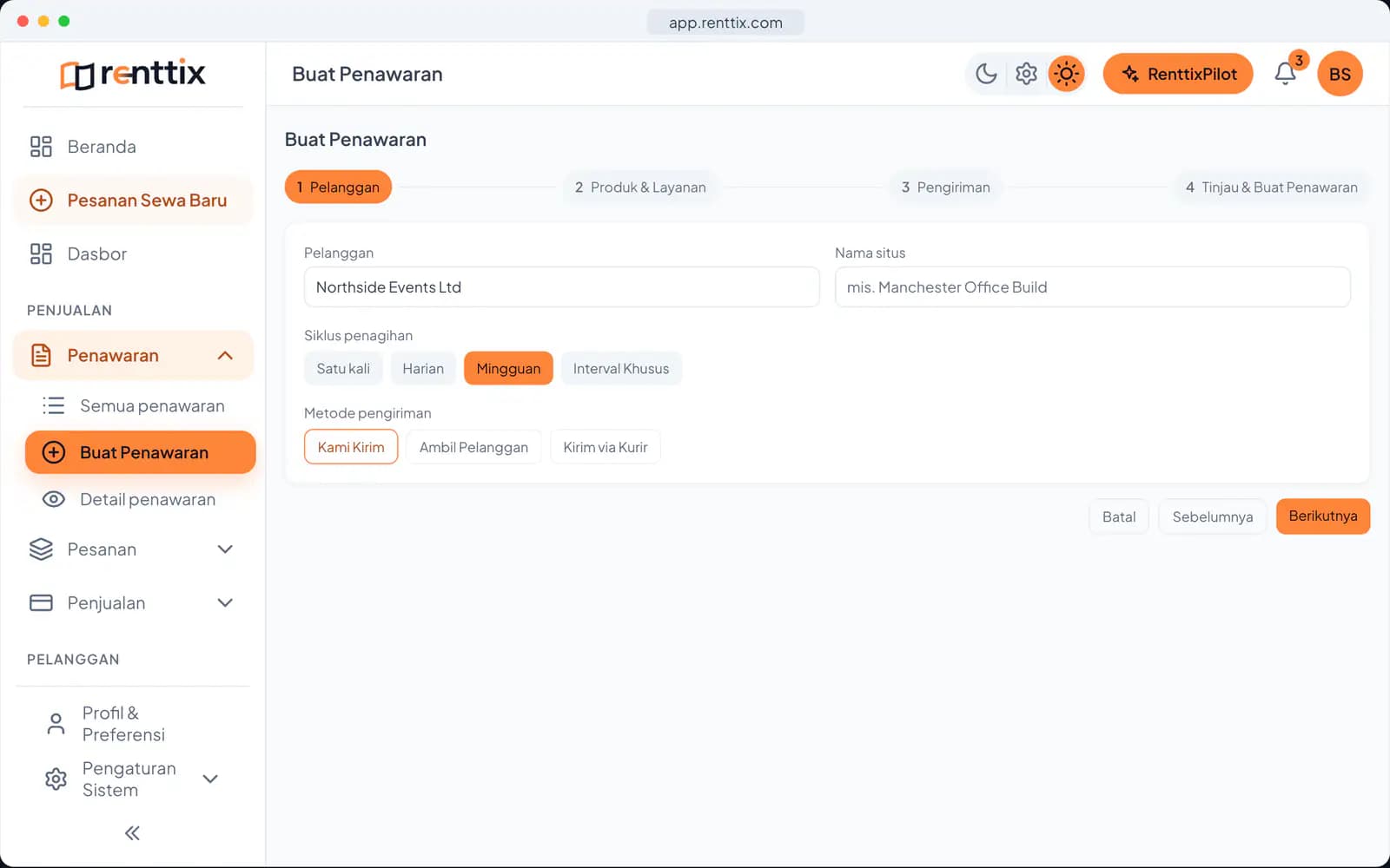 Demo pembuat penawaran: layar Renttix asli dengan data contoh