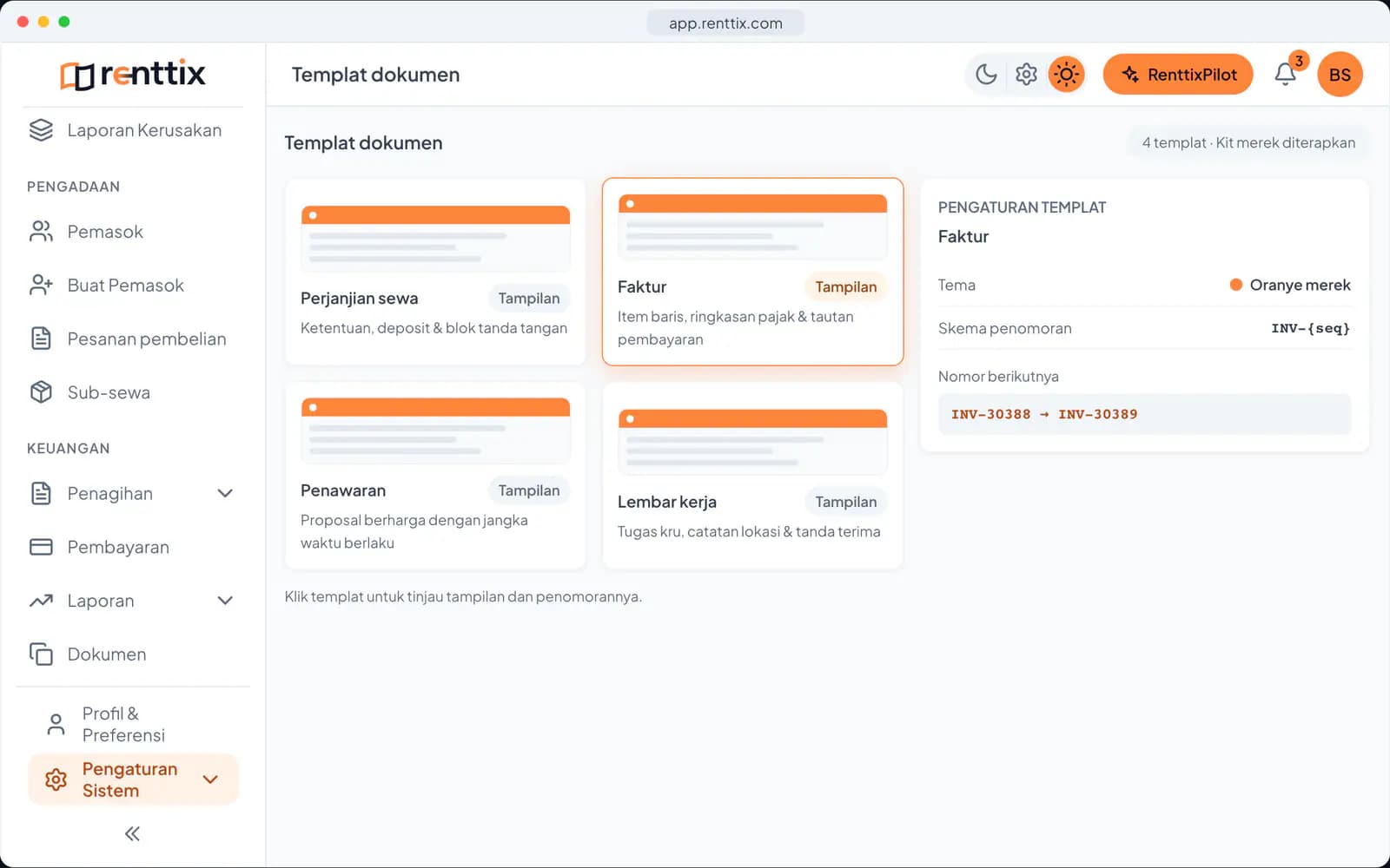 Demo Dokumen & Tanda Tangan Elektronik: layar Renttix asli dengan data contoh