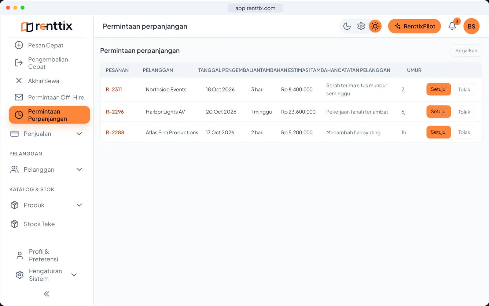 Demo permintaan perpanjangan: layar Renttix asli dengan data contoh