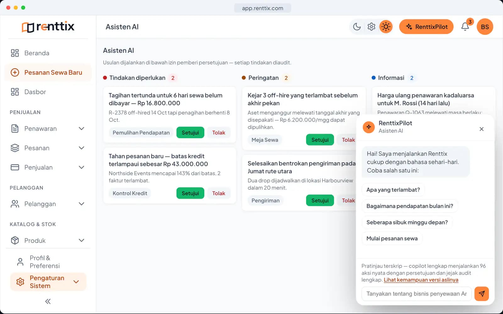 Demo operasi AI: layar Renttix asli dengan data contoh