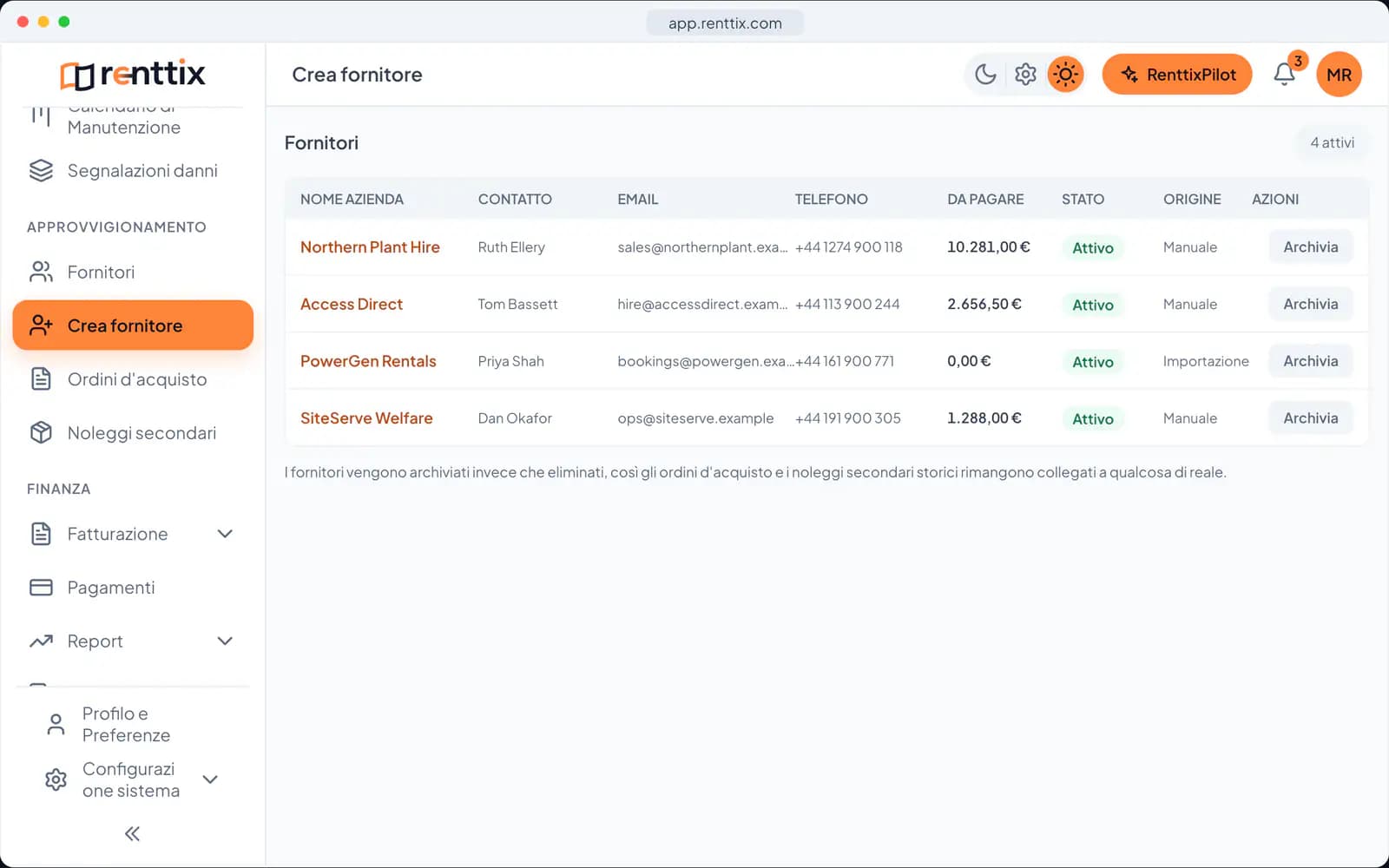 Aggiungi una demo fornitore: una vera schermata di Renttix con dati di esempio