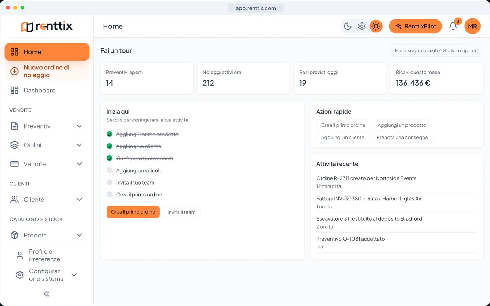Demo della schermata principale: una vera schermata di Renttix con dati di esempio