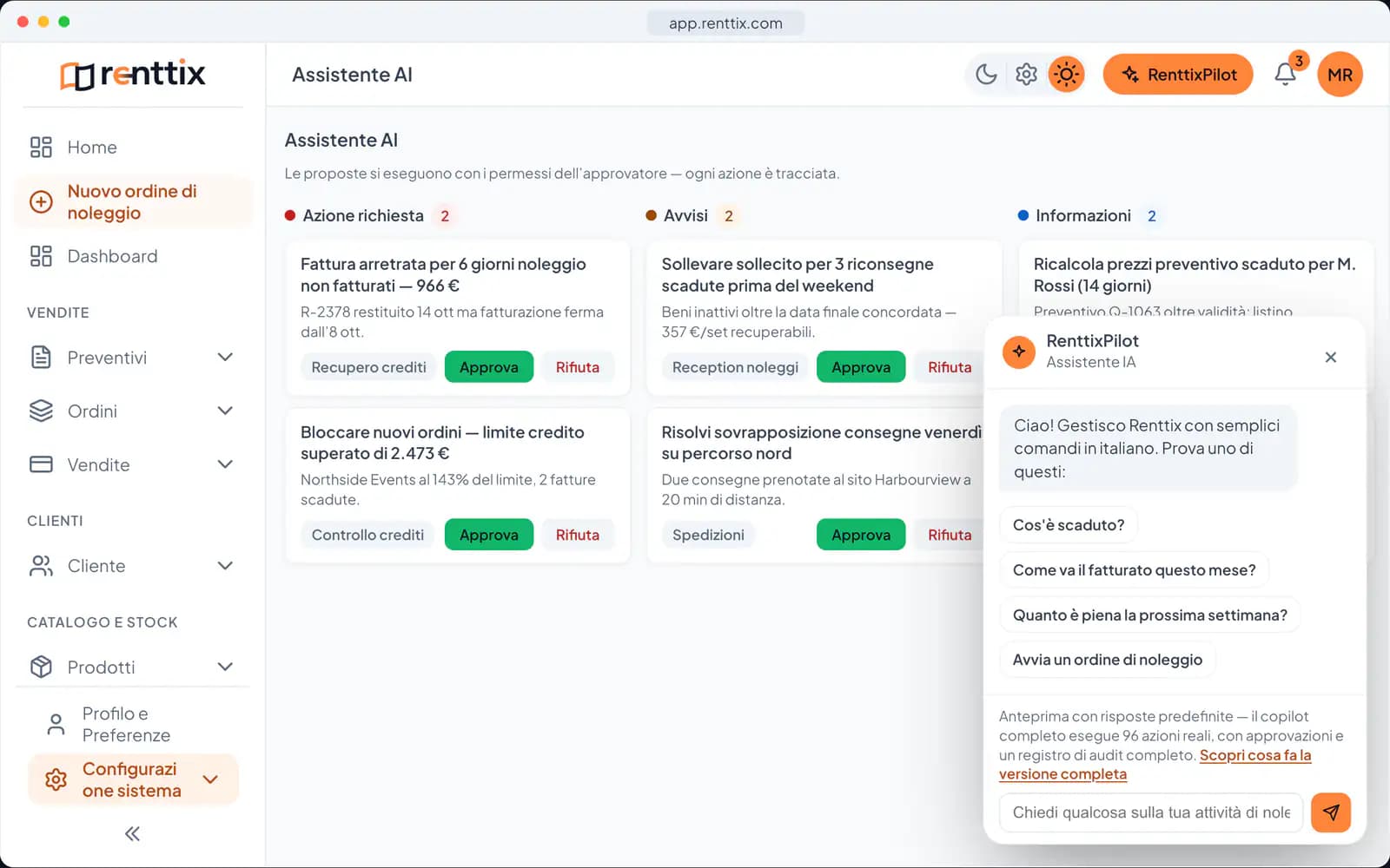 Demo delle operazioni AI: una vera schermata di Renttix con dati di esempio