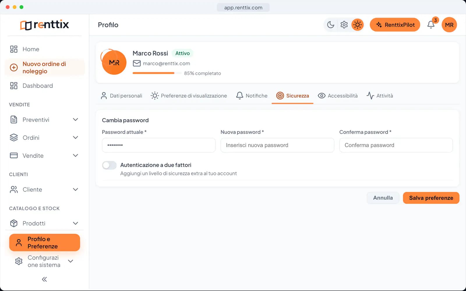 Sicurezza dell’account: una vera schermata di Renttix con dati di esempio