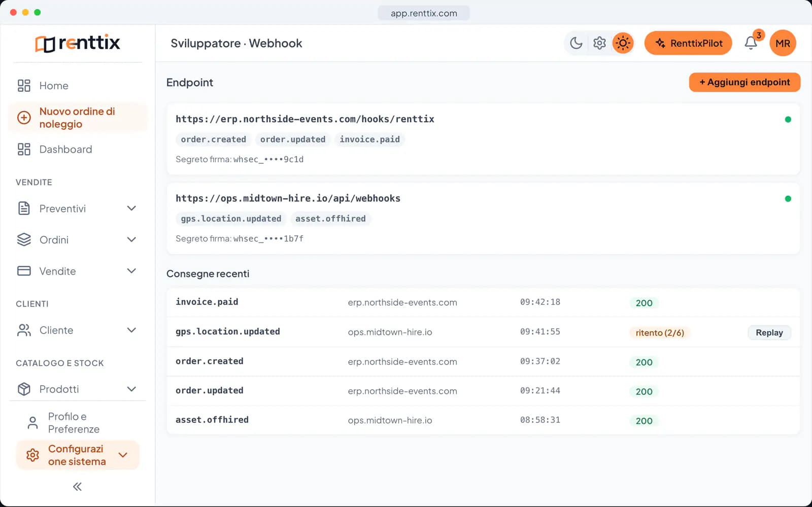 Demo piattaforma per sviluppatori: una vera schermata di Renttix con dati di esempio