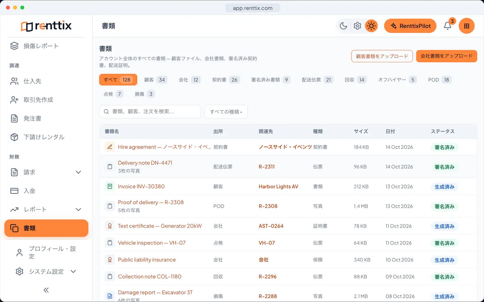 ドキュメント＆電子署名デモ：サンプルデータを表示した実際のRenttix画面