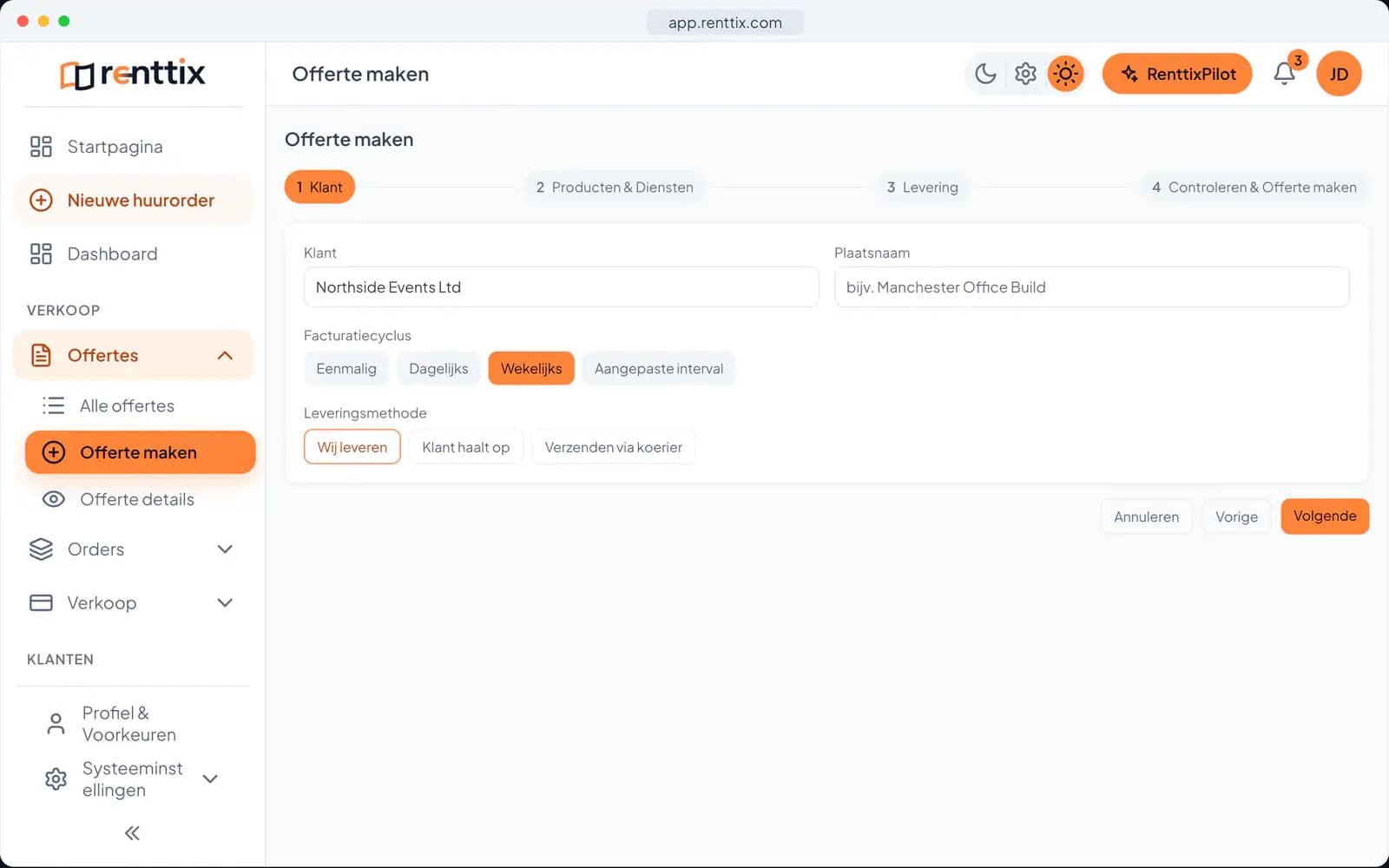 Offertebouwer demo: een echt Renttix-scherm met voorbeeldgegevens