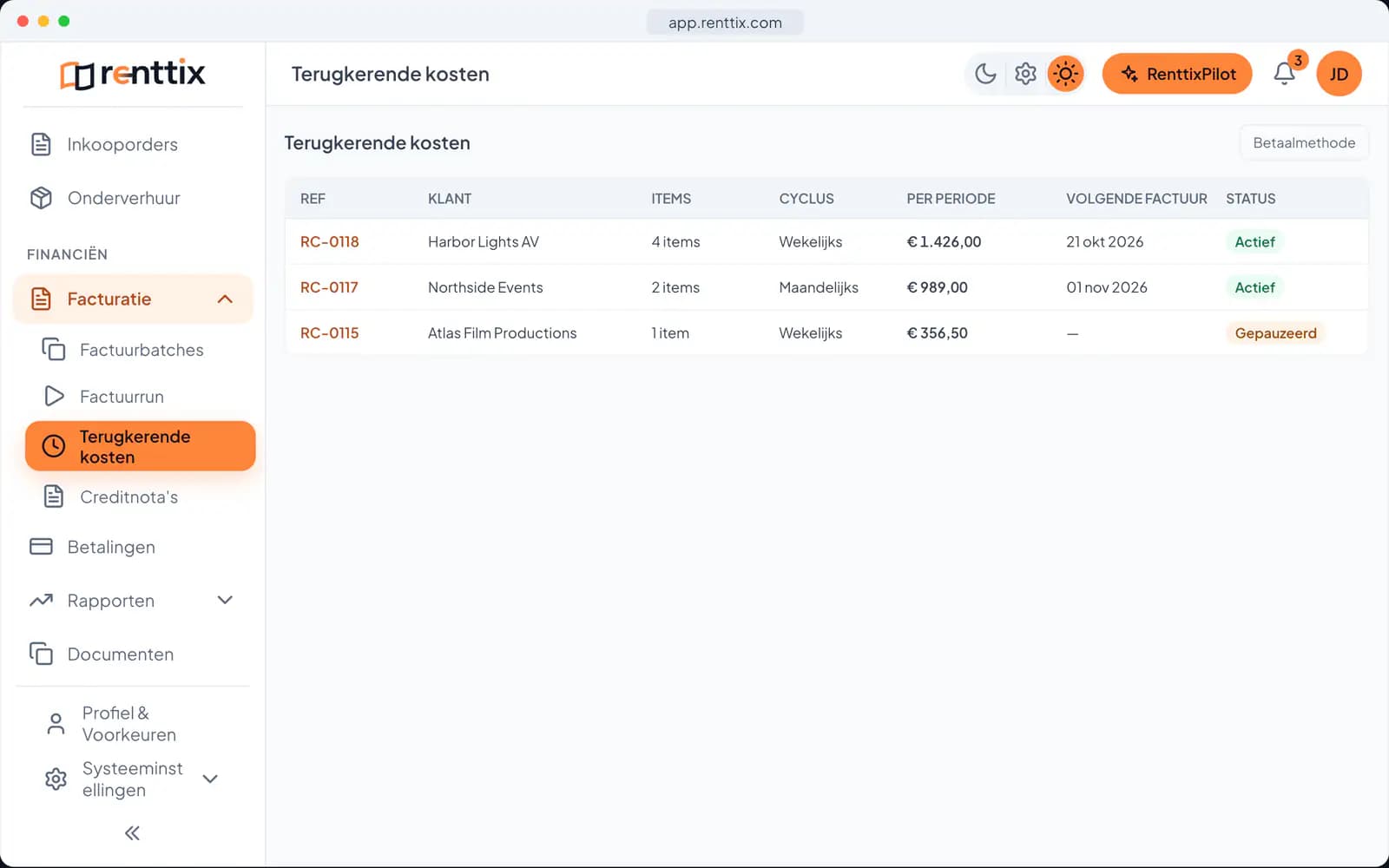 Demo terugkerende kosten: een echt Renttix-scherm met voorbeeldgegevens
