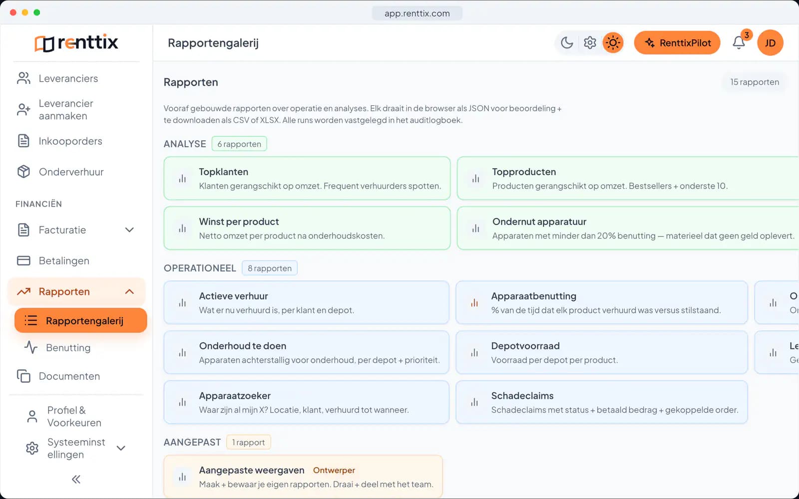 Rapportage demo: een echt Renttix-scherm met voorbeeldgegevens
