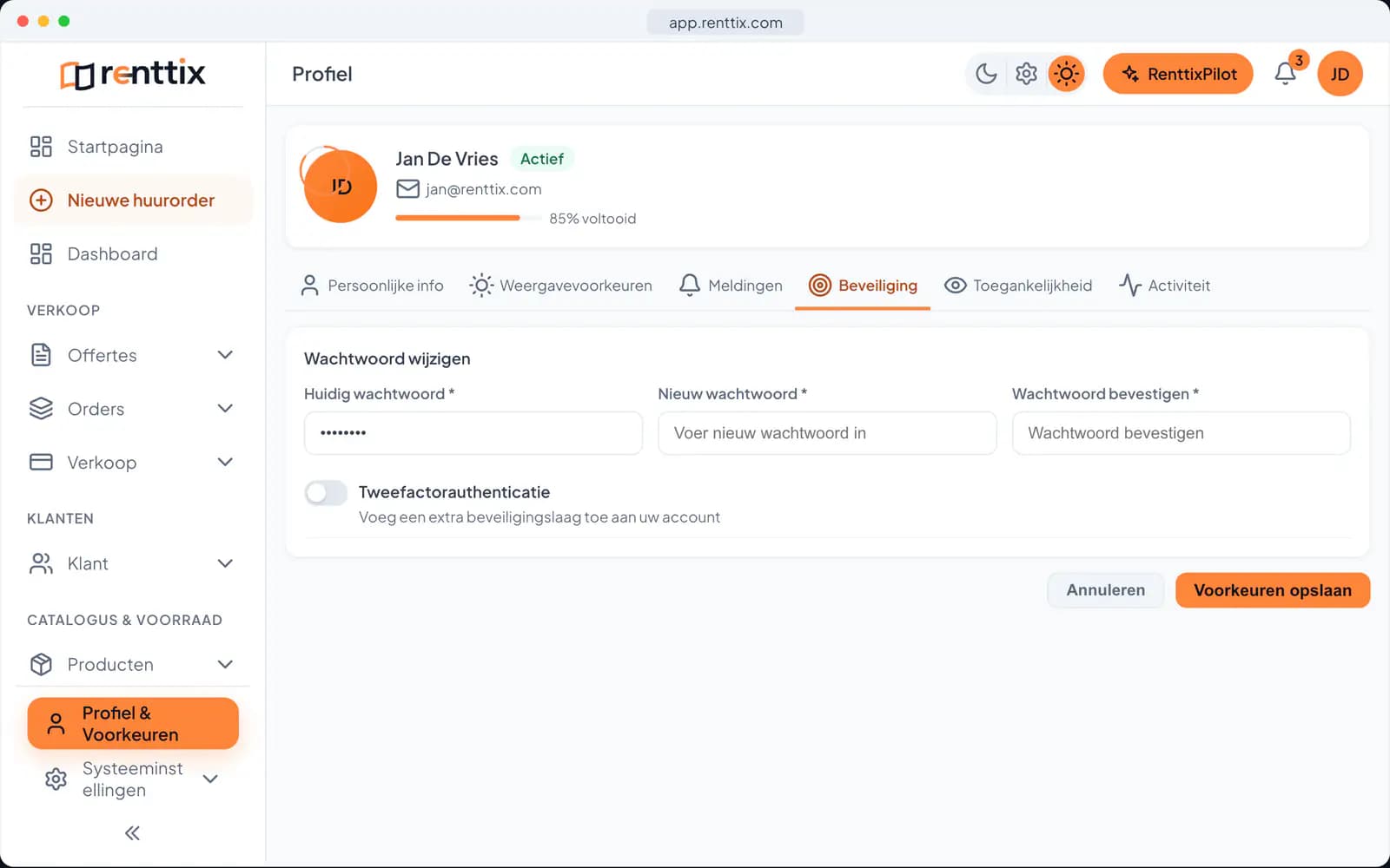 Accountbeveiliging: een echt Renttix-scherm met voorbeeldgegevens