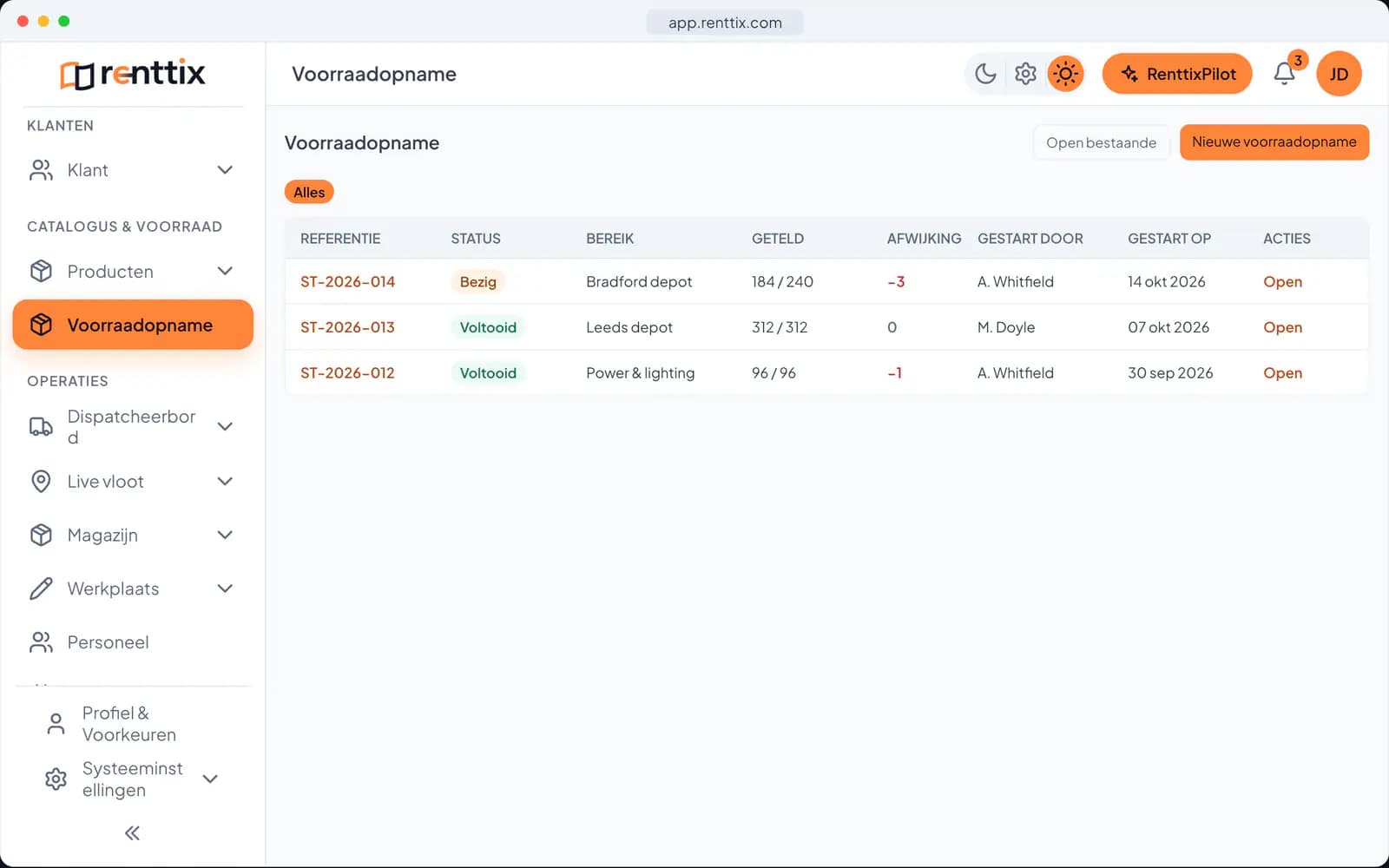 Voorraadtelling demo: een echt Renttix-scherm met voorbeeldgegevens