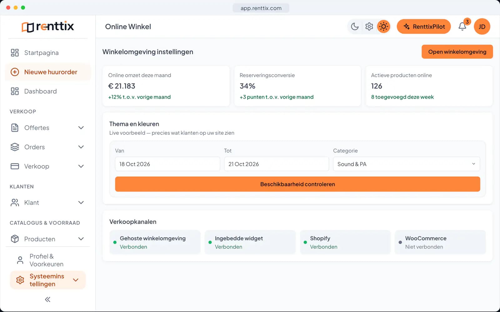 Demo van de online winkel: een echt Renttix-scherm met voorbeeldgegevens