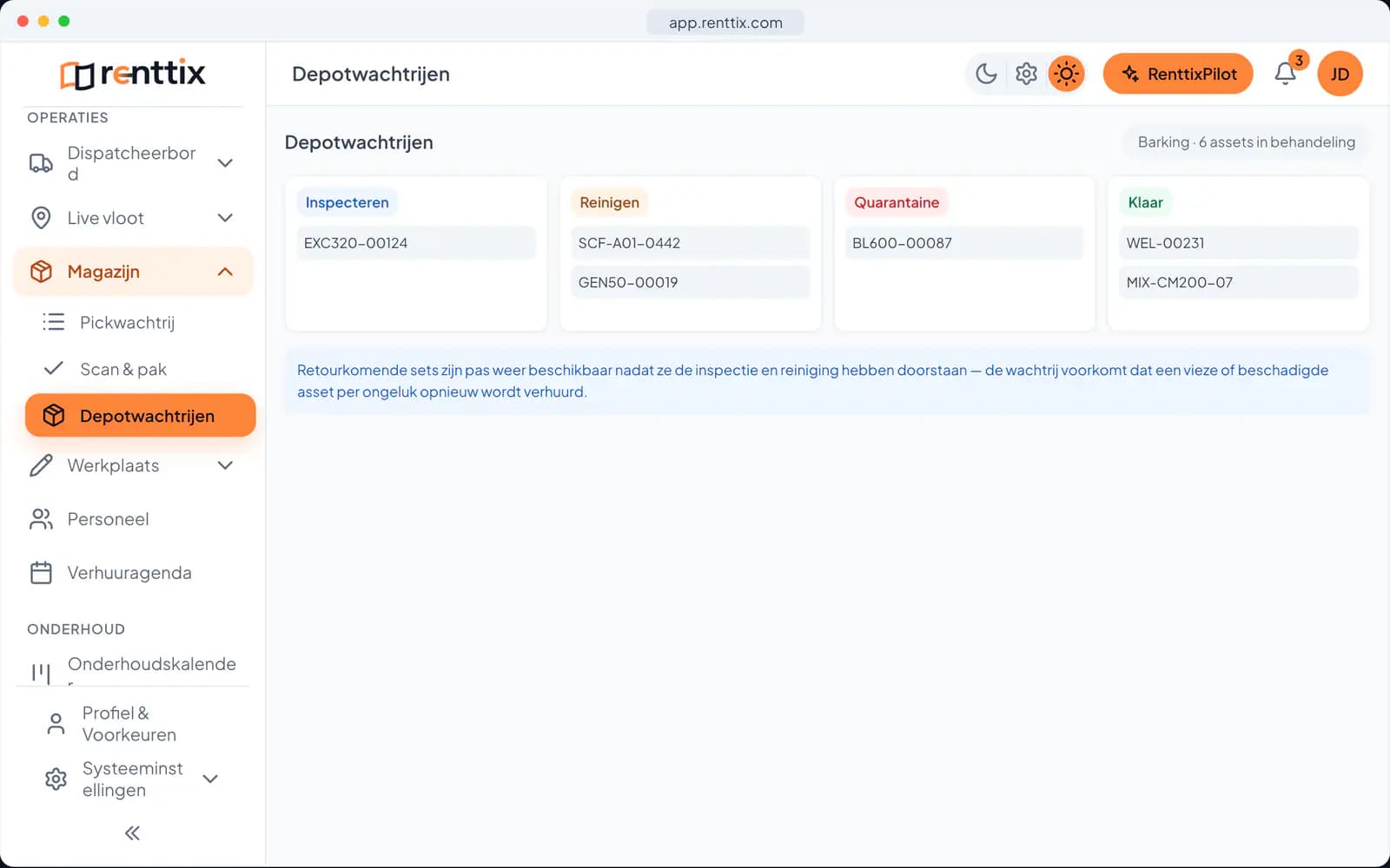 Magazijndemo: een echt Renttix-scherm met voorbeeldgegevens