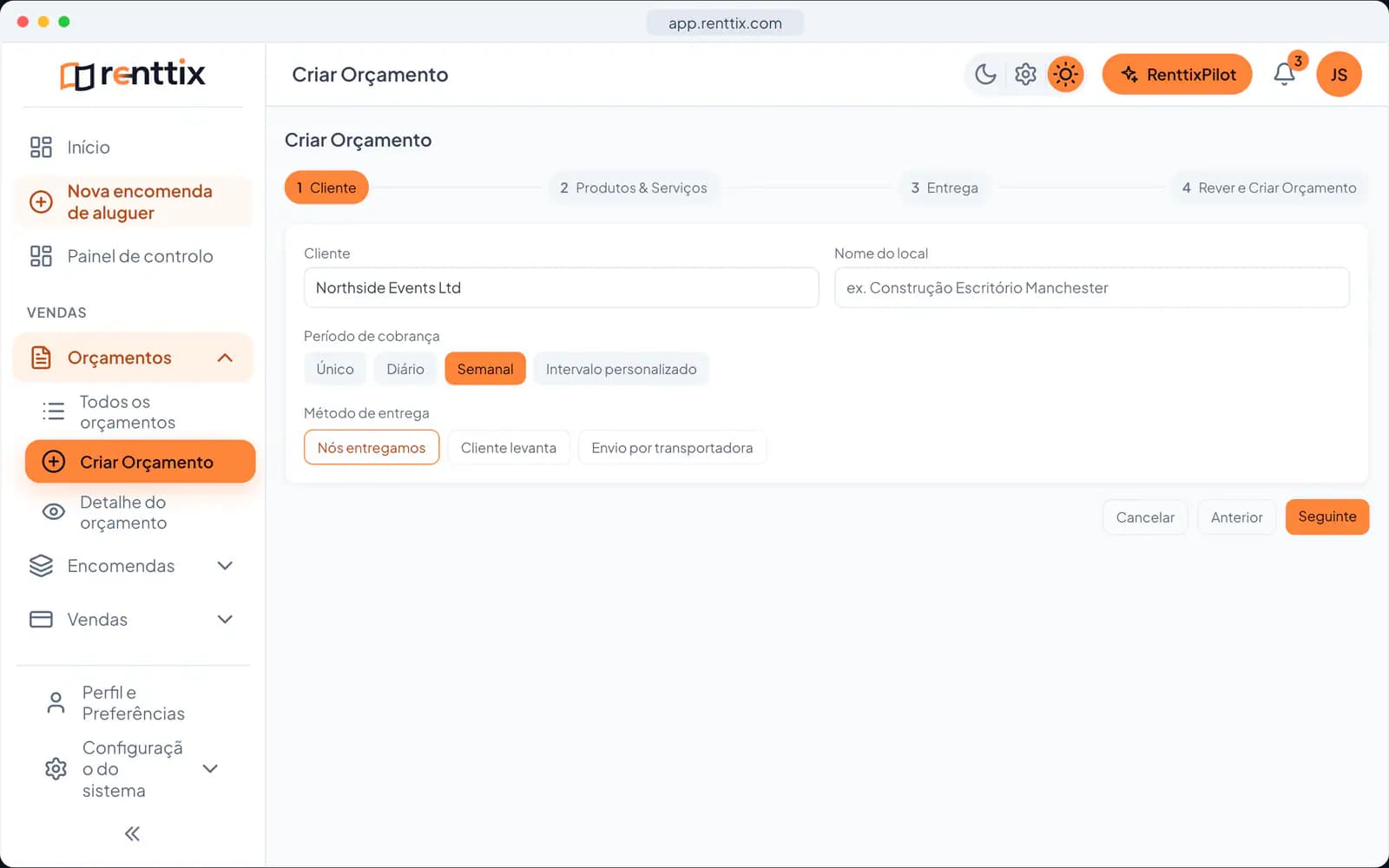 Demonstração do criador de orçamentos: um ecrã real do Renttix com dados de exemplo