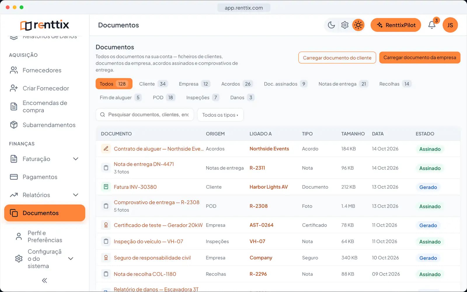 Demonstração de Documentos & assinatura eletrónica: um ecrã real do Renttix com dados de exemplo