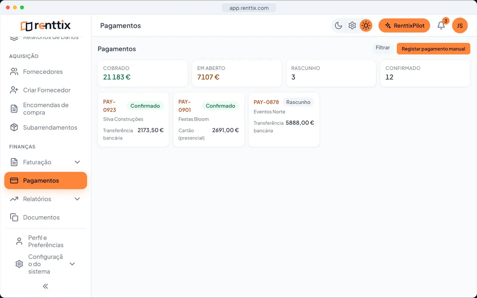 Pagamentos: um ecrã real do Renttix com dados de exemplo
