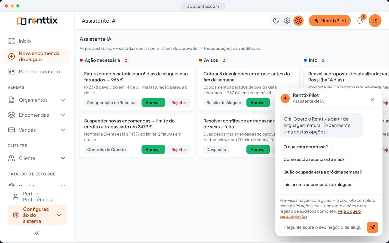 Demonstração de operações com IA: um ecrã real do Renttix com dados de exemplo