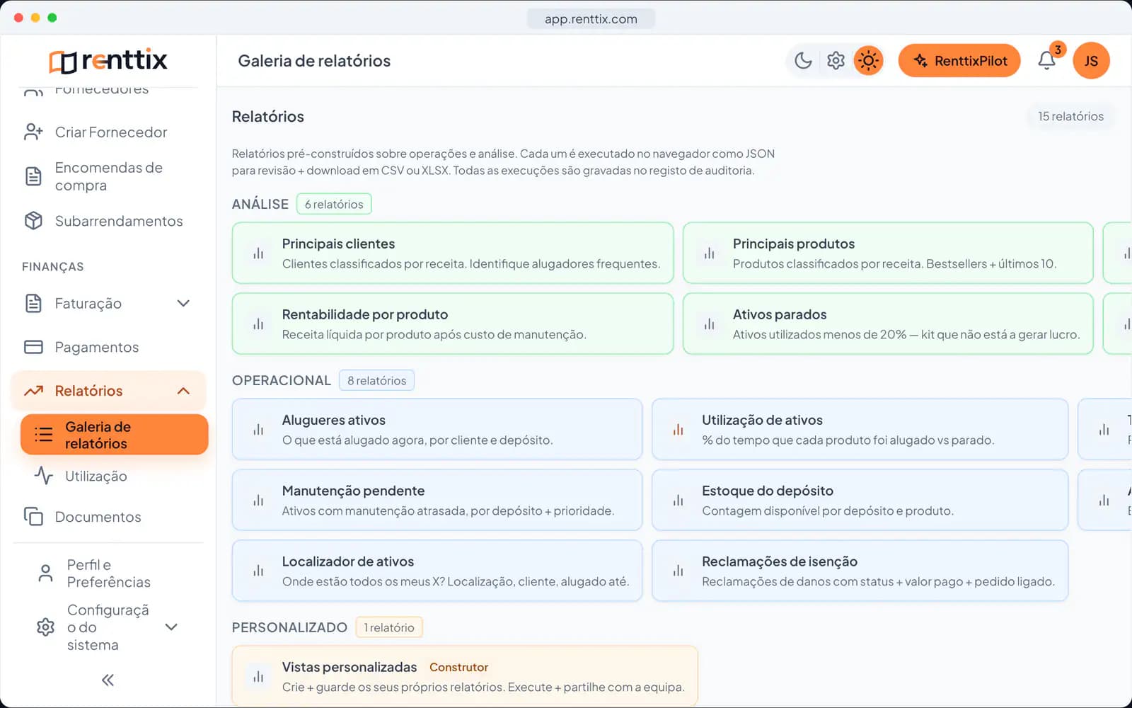 Demonstração de relatórios: um ecrã real do Renttix com dados de exemplo