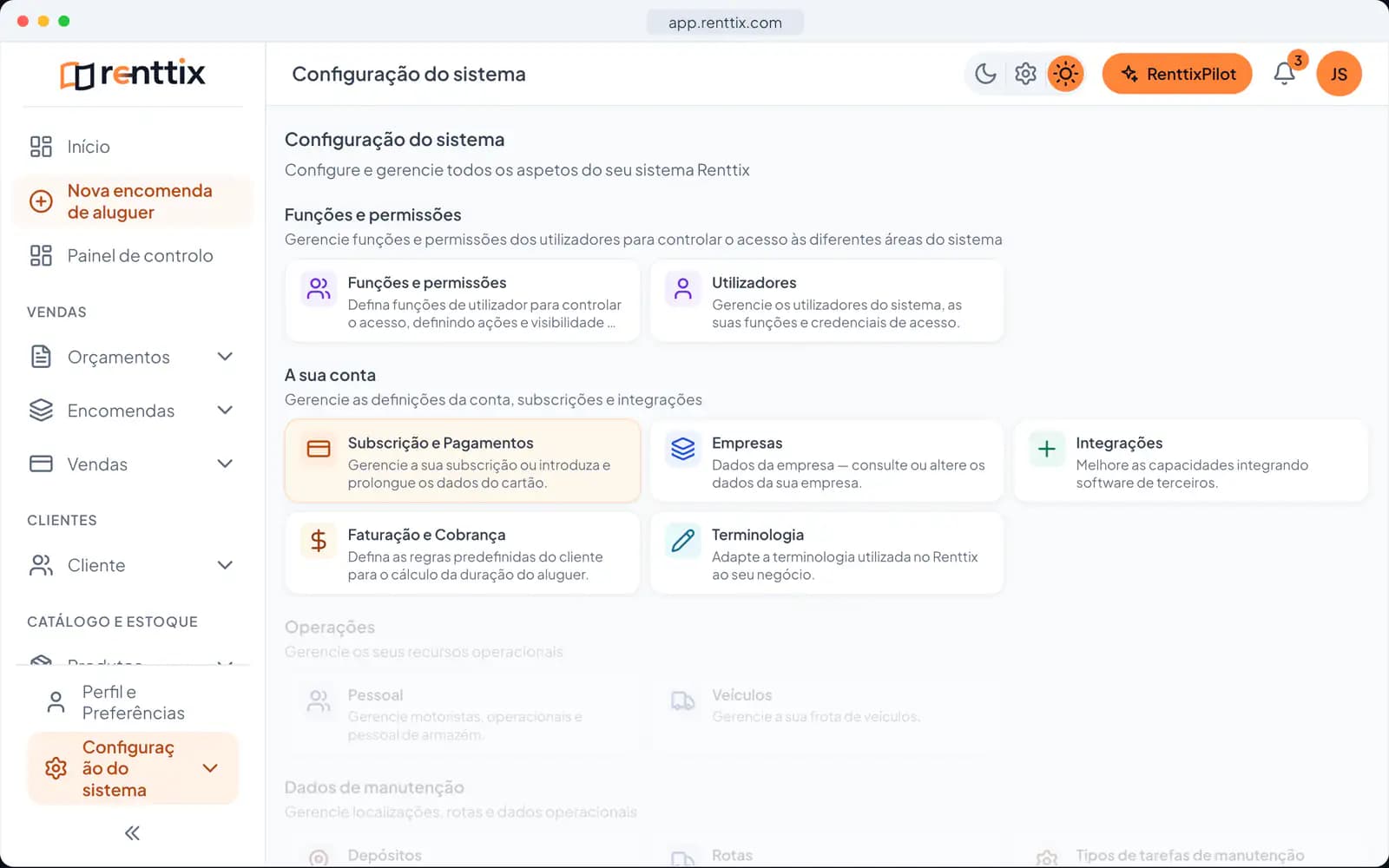 Configuração do sistema: um ecrã real do Renttix com dados de exemplo