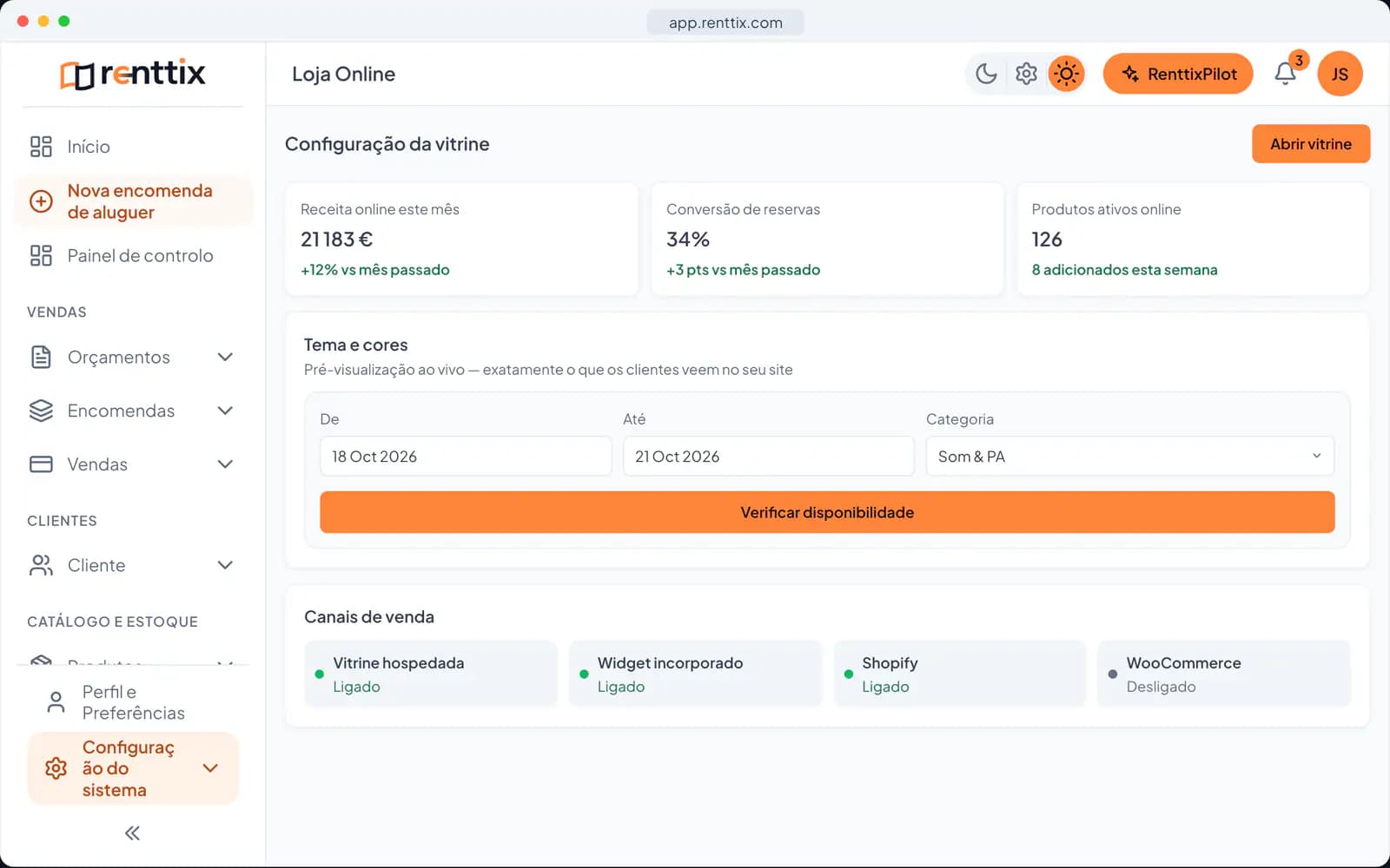 Demonstração da loja online: um ecrã real do Renttix com dados de exemplo