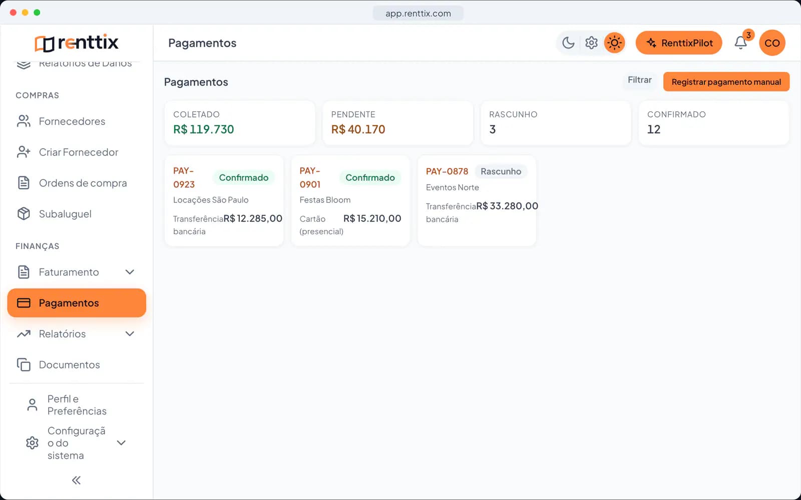 Pagamentos: uma tela real do Renttix com dados de exemplo