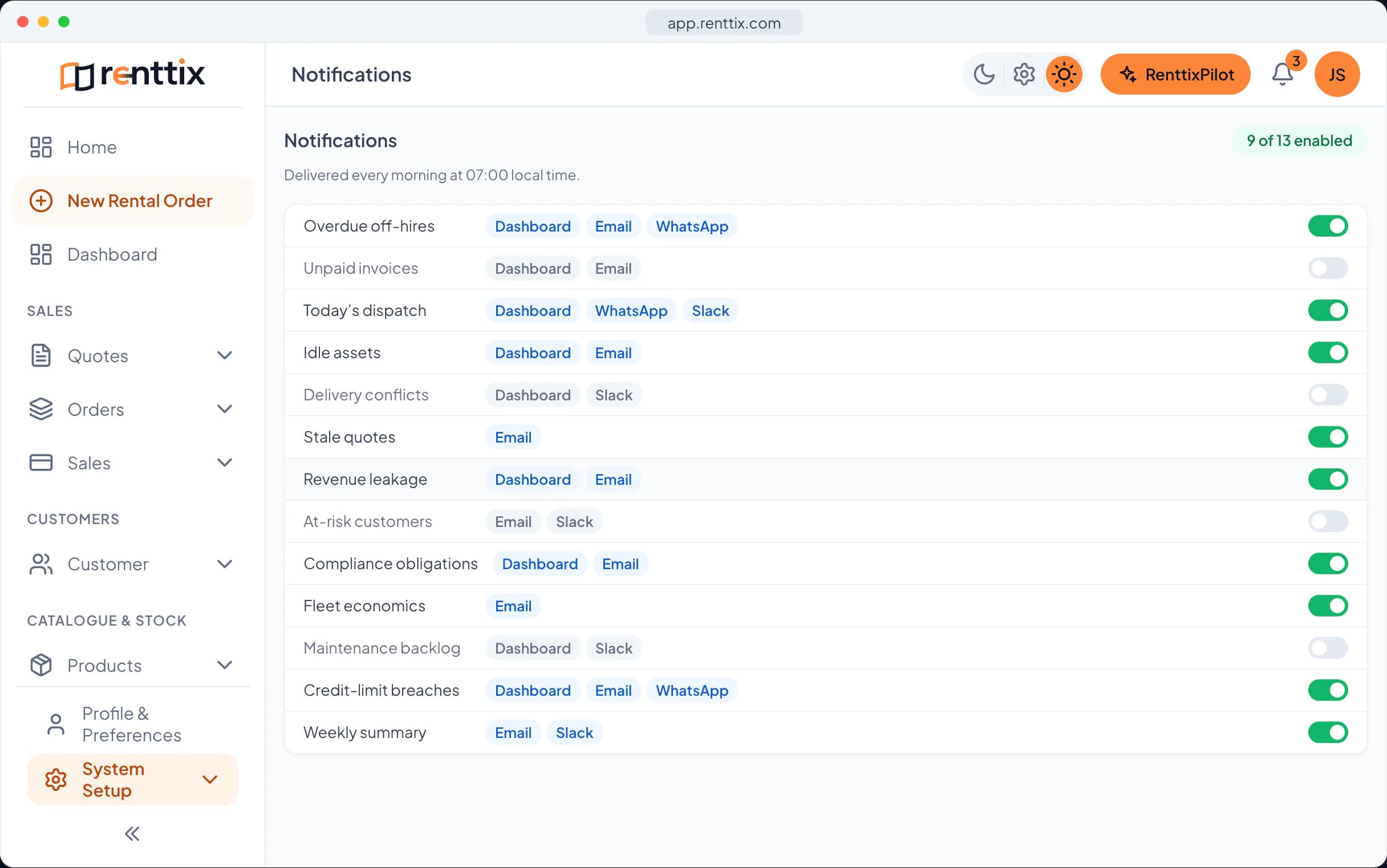 AI operations demo: a real Renttix screen, shown with sample data