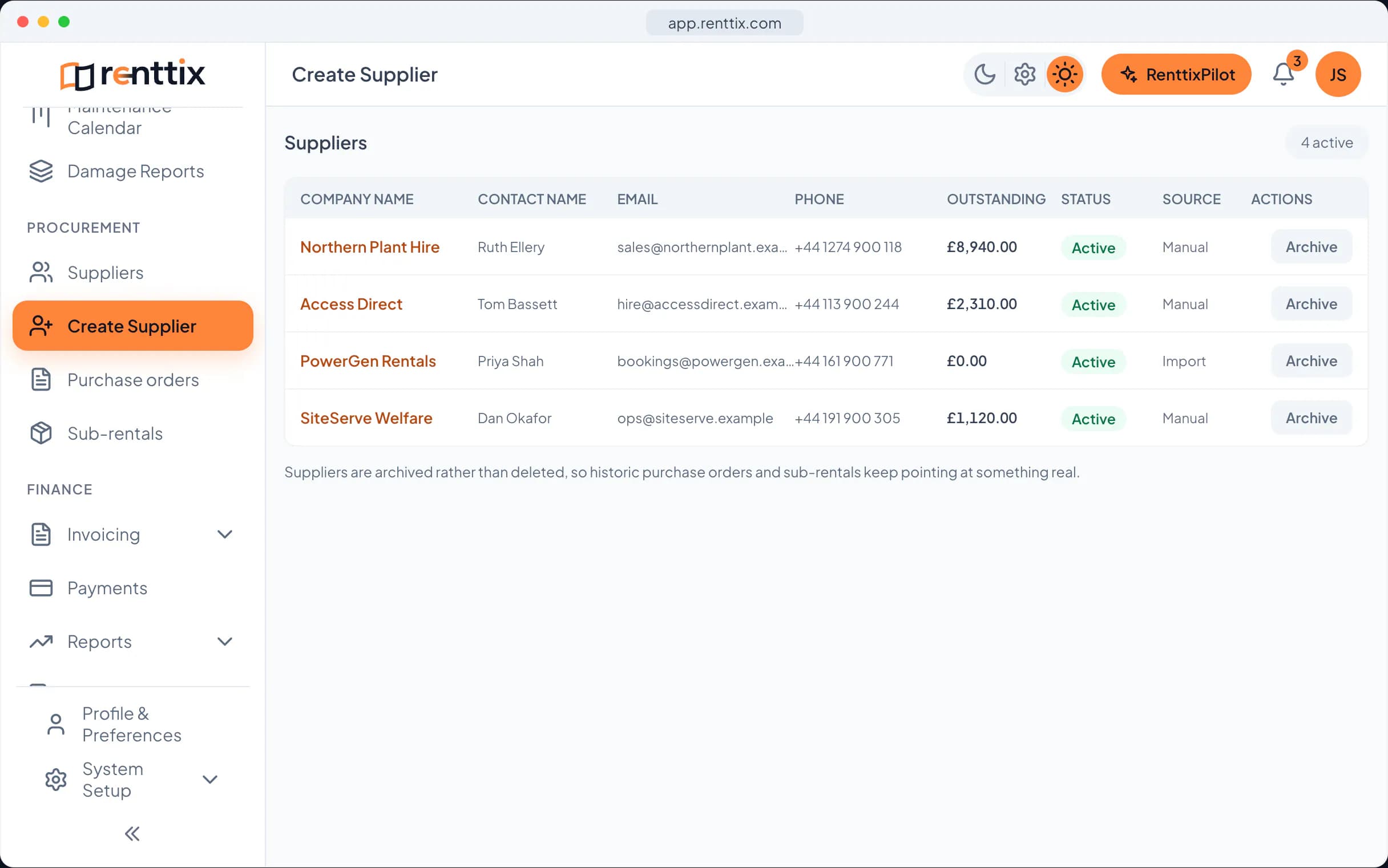 Add a supplier demo: a real Renttix screen, shown with sample data
