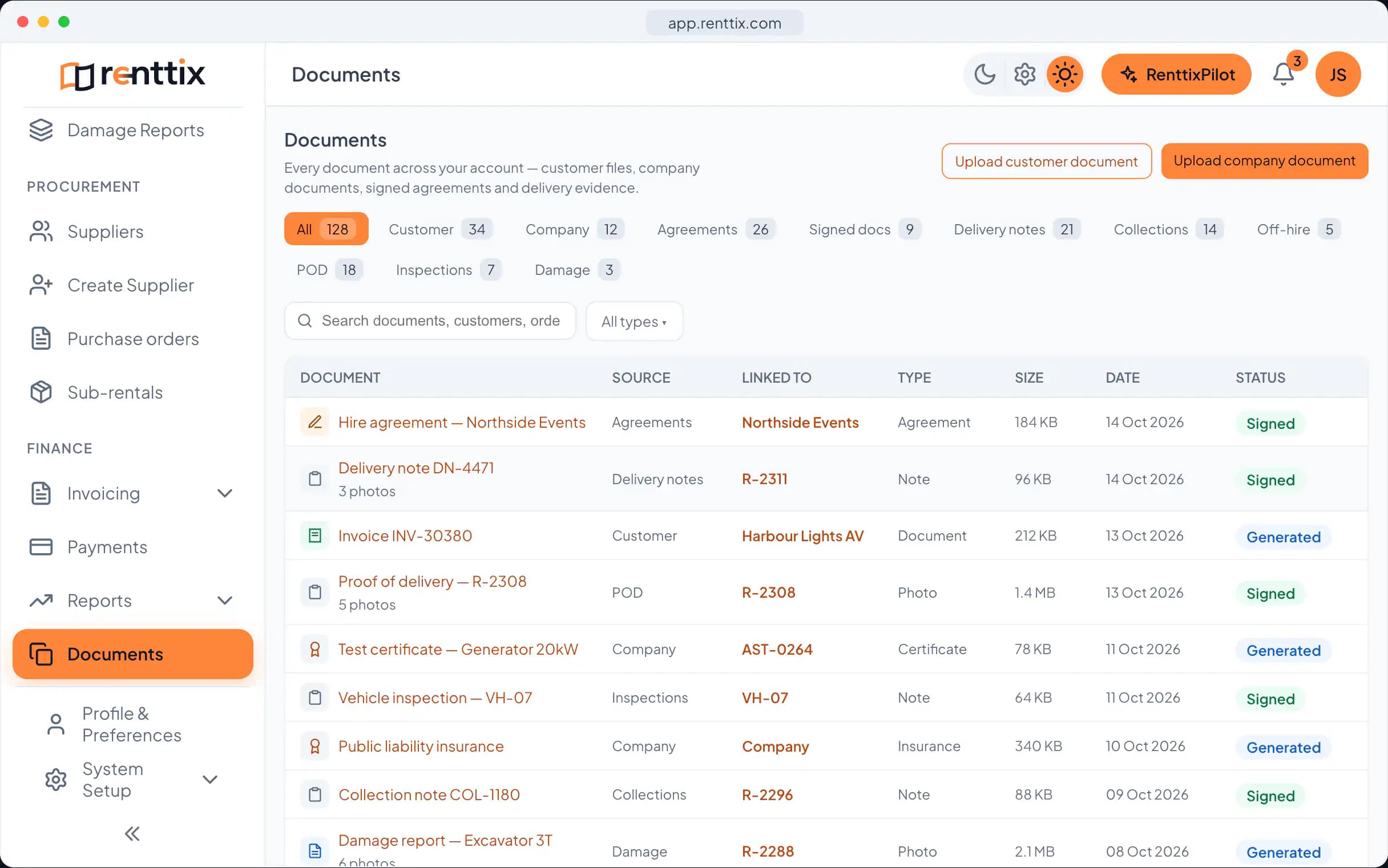 Documents & e-sign demo: a real Renttix screen, shown with sample data